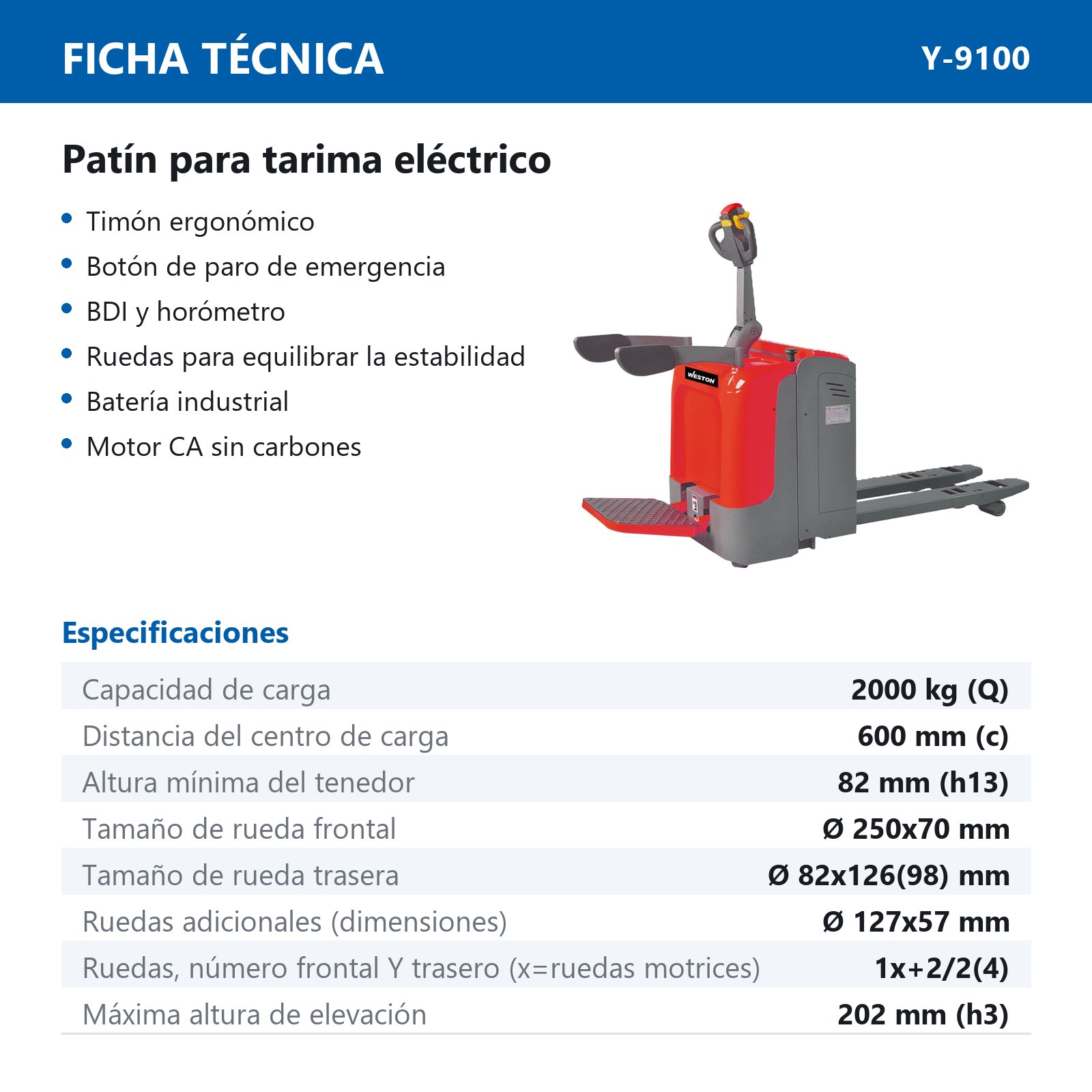 PATIN P/TARIMA ELECTRICO 2 TON 110V C/BATERIA Y CARGADOR 1F - Imagen 2