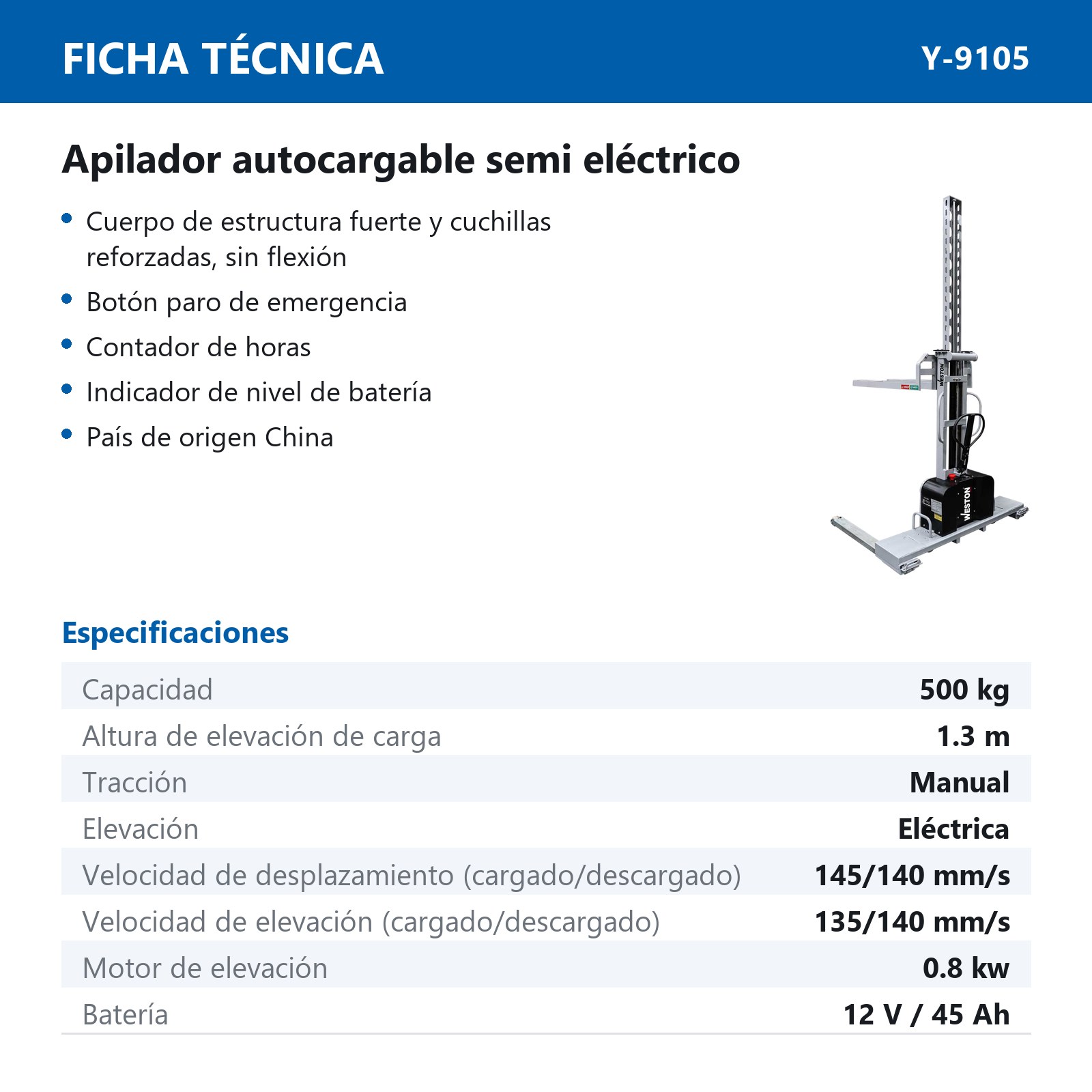 APILADOR AUTOCARGABLE SEMI ELECTRICO CAP.500kg 1.3m LEVANTE ELEVACION ELECT. CONDUCCION MANUAL - Imagen 2