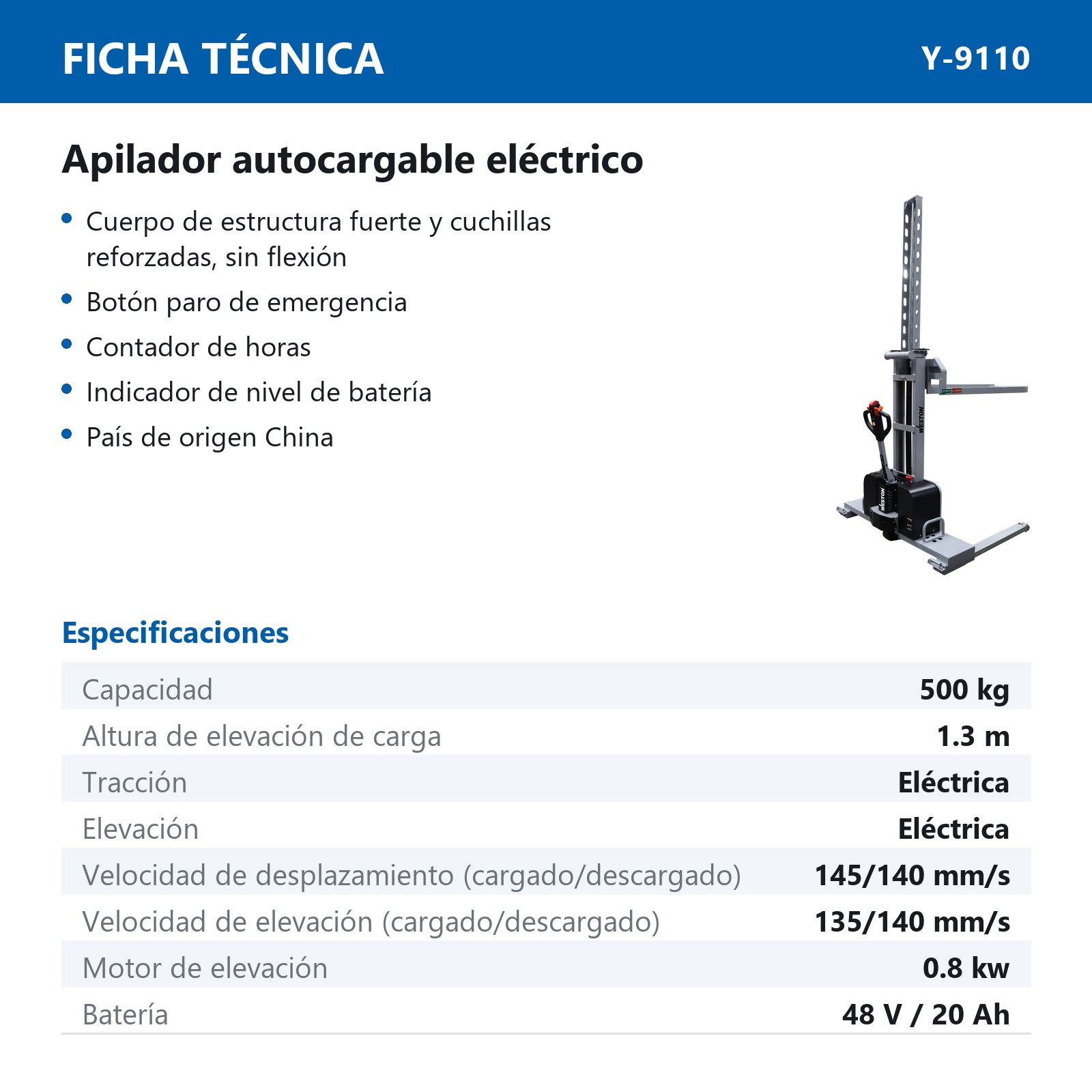 APILADOR AUTOCARGABLE ELECTRICO CAP.500kg 1.3m LEVANTE C/ELEVACION Y CONDUCCION ELECTRICA - Imagen 2