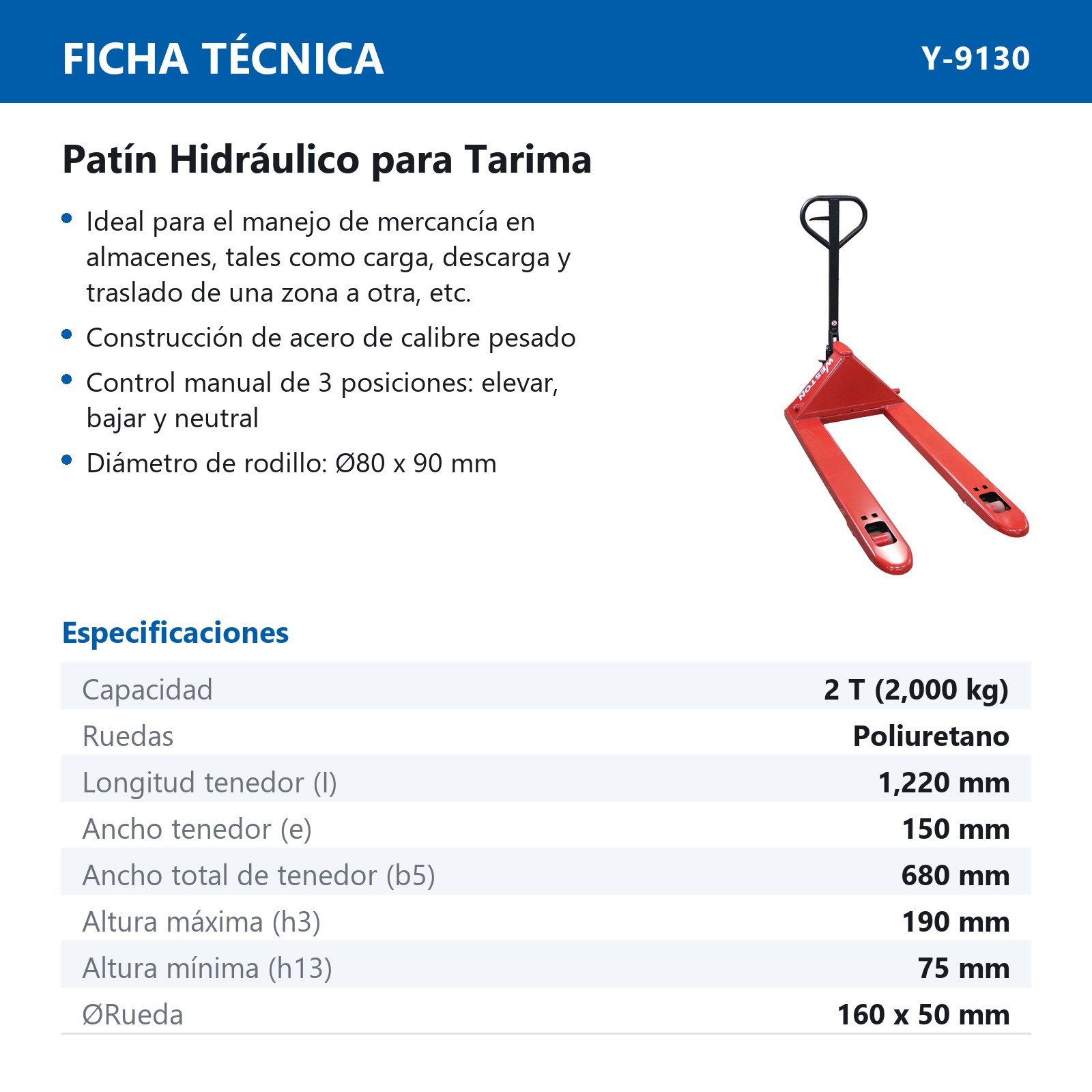 PATIN P/TARIMA 2 TON. RUEDA PU 680X1220MM - Imagen 4