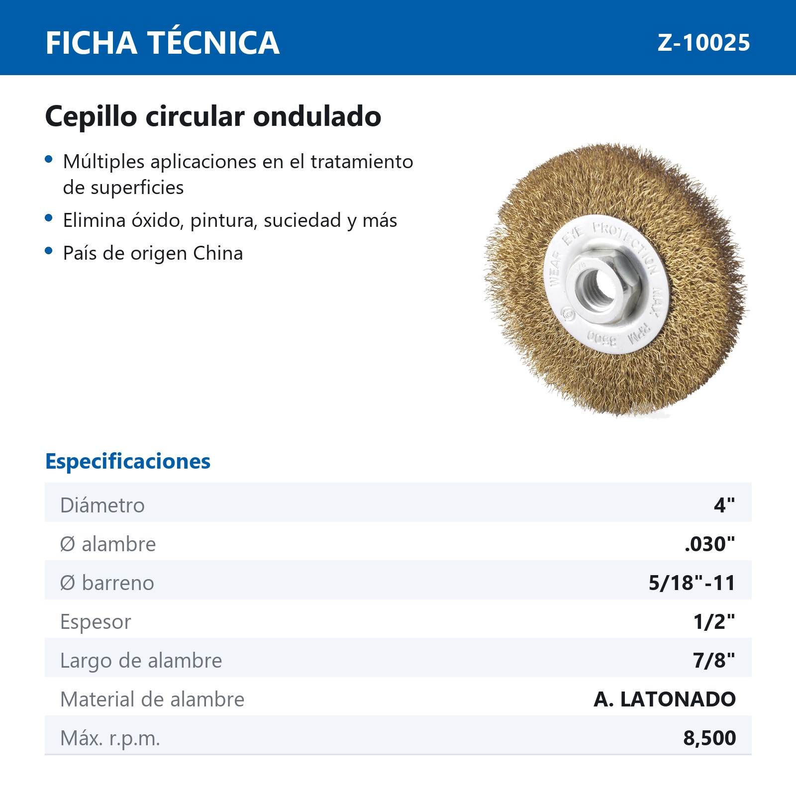 CEPILLO CIRCULAR ONDULADO 4" X 5/8"-11 ANCHO 1/2" A. LATONADO 0.012" - Imagen 2