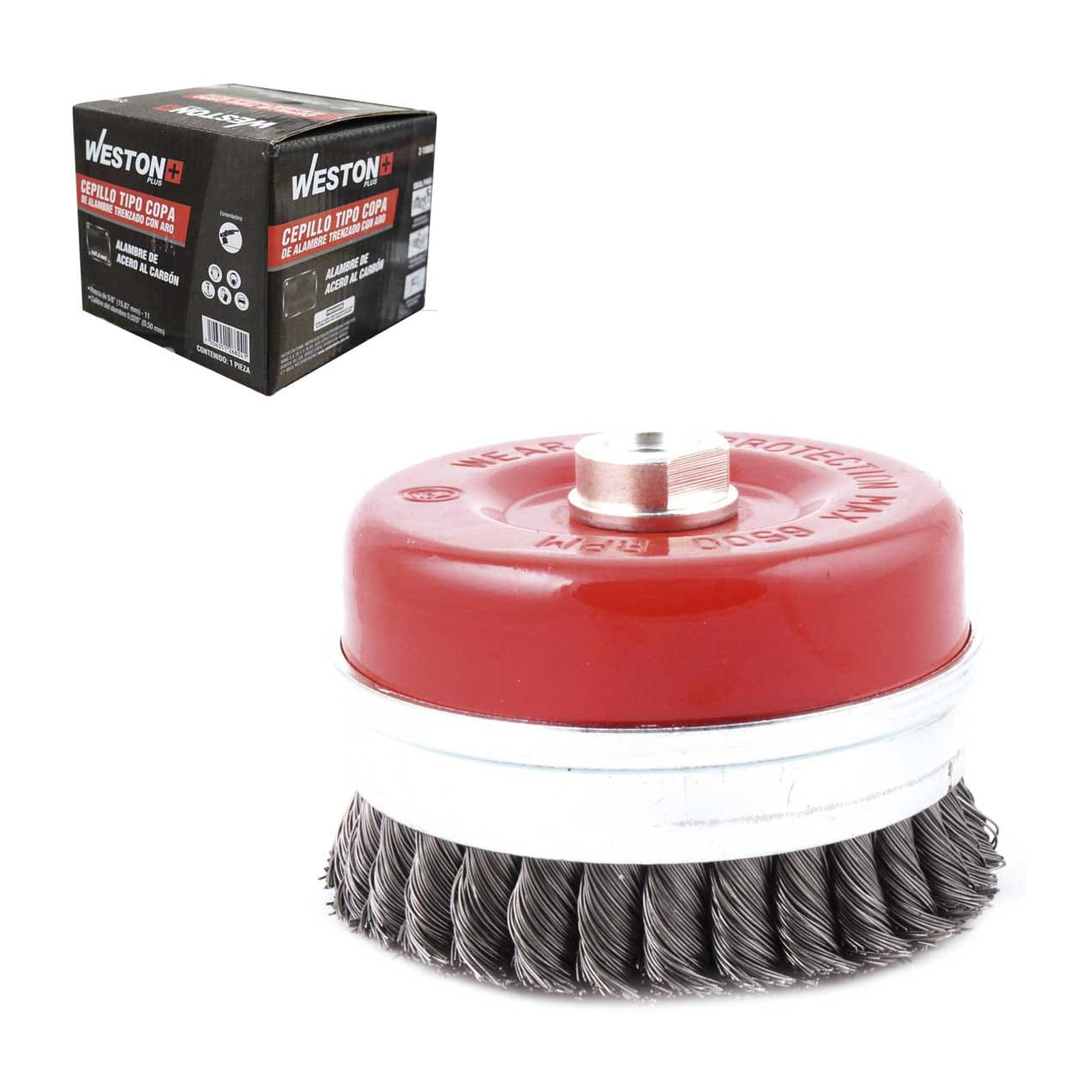 Cepillo Tipo Copa Trenzado con Aro 4" Entrada 5/8-11 Acero al Carbón .014" Weston Plus