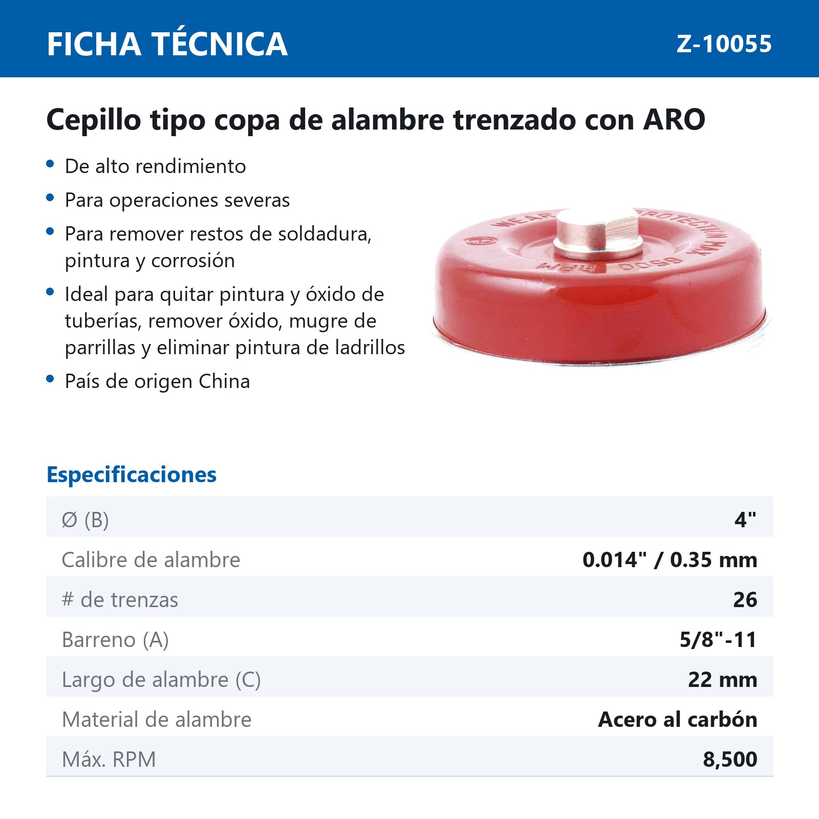 CEPILLO TIPO COPA TRENZADA C/ARO 4" ENT 5/8-11 A. AL CARBON  .014" - Imagen 3