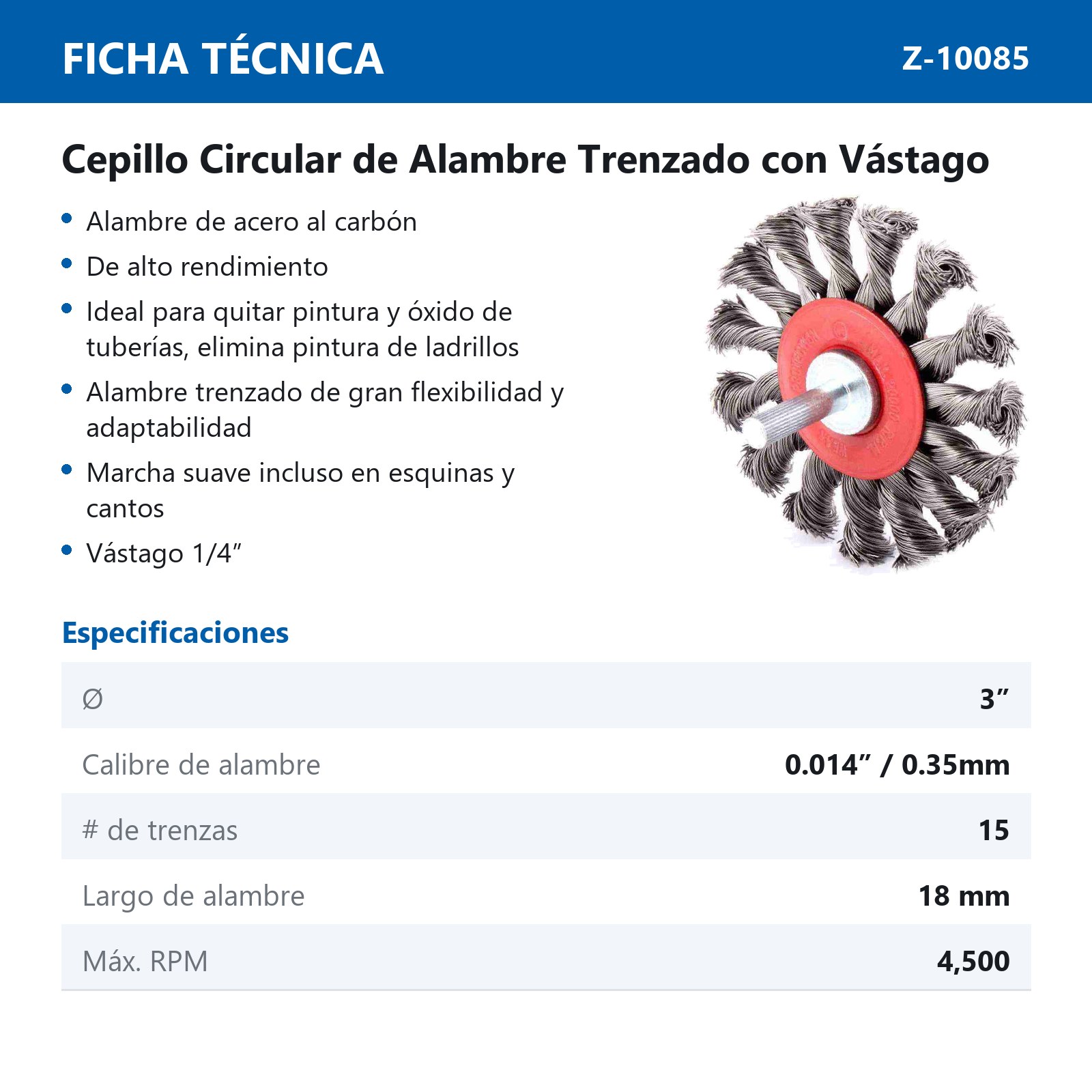 CEPILLO CIRCULAR TRENZADO 3" C/VASTAGO 1/4" A. AL CARBON  .014" - Imagen 2