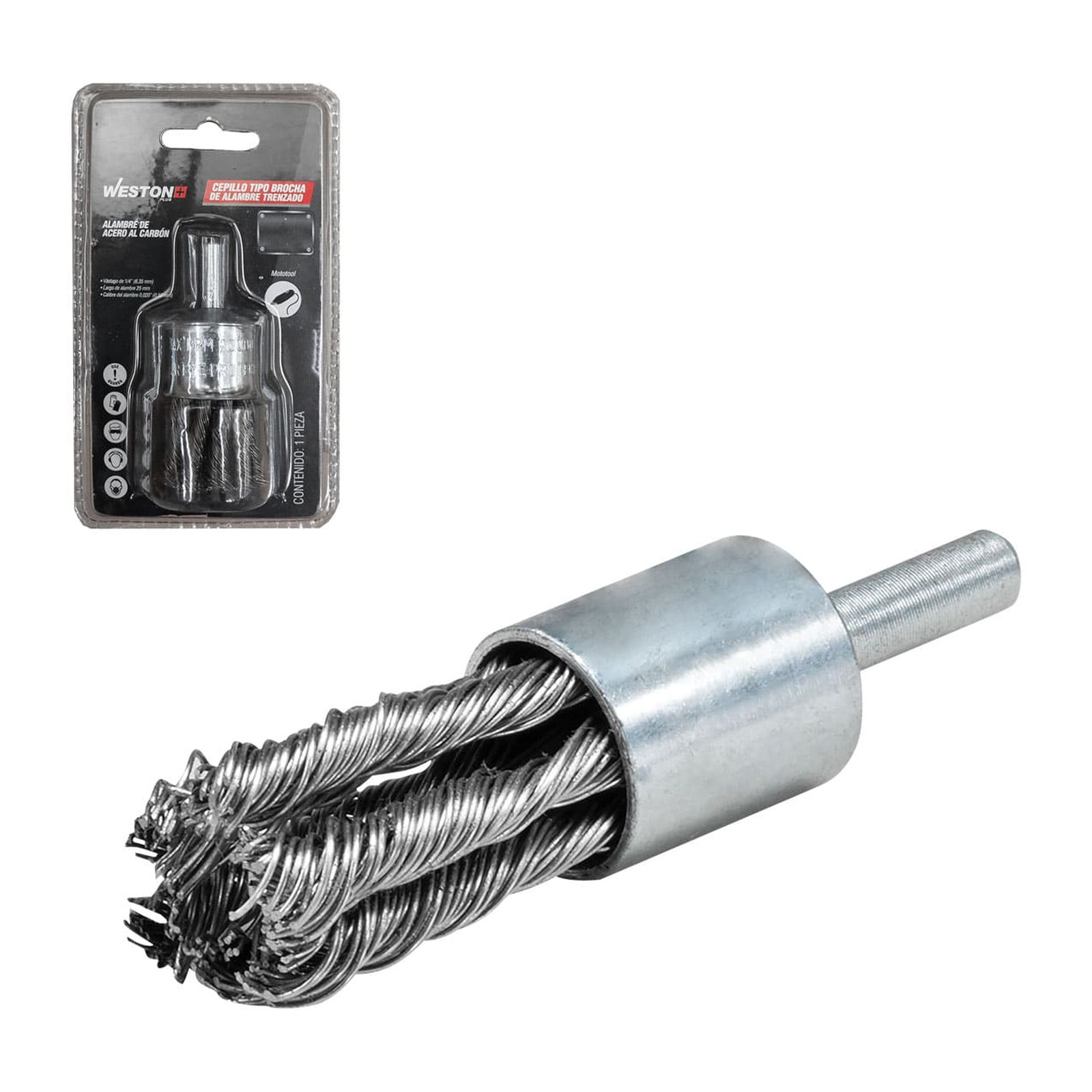 Cepillo Tipo Brocha Trenzado Acero al Carbón 1-1/8" con Vástago 1/4" .014" Weston Plus