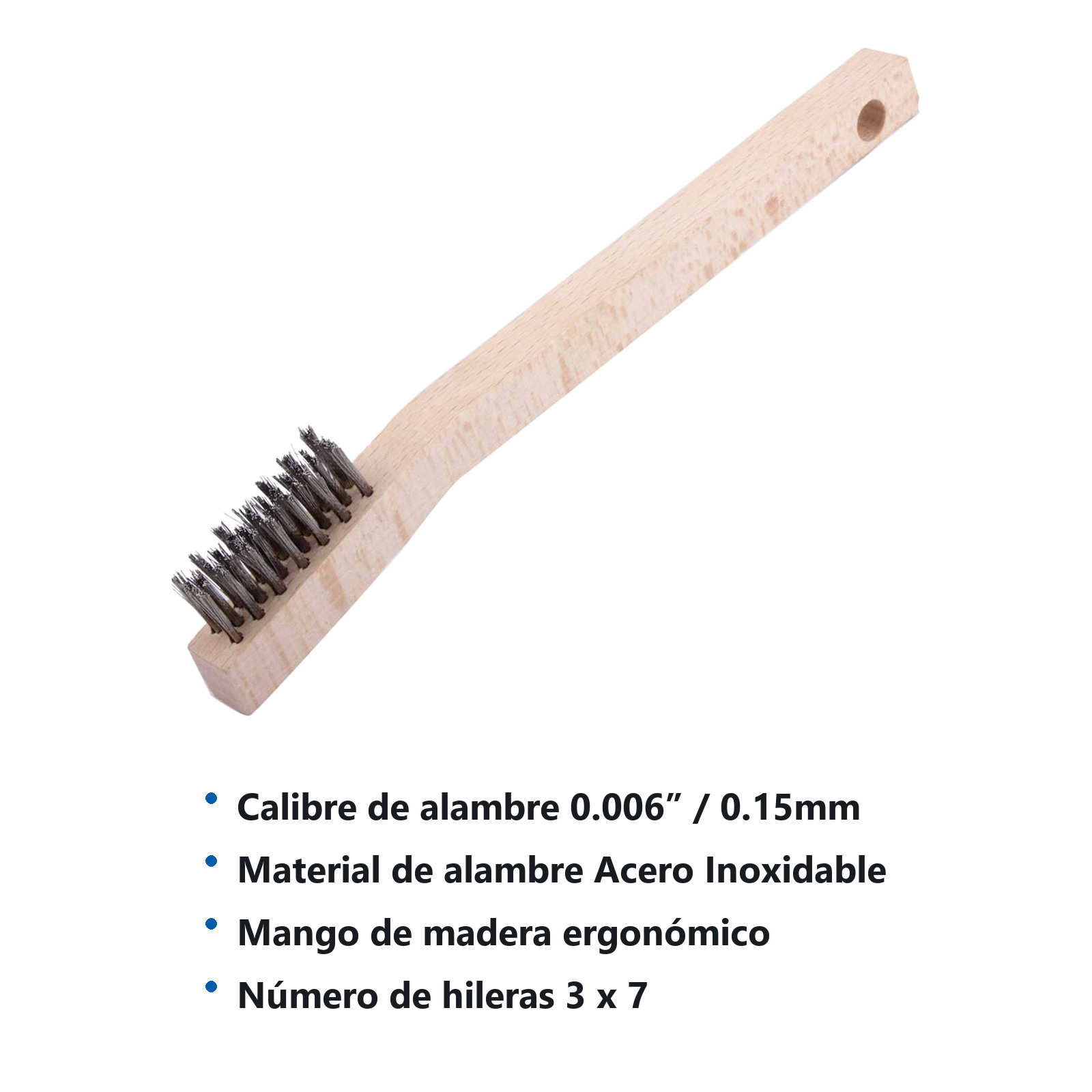 CEPILLO C/MANGO MADERA P/SOLDADOR 3X7 PINCELES A. INOXIDABLE .006" (Precio x Pza - Caja C/24 Pzs) - Imagen 3