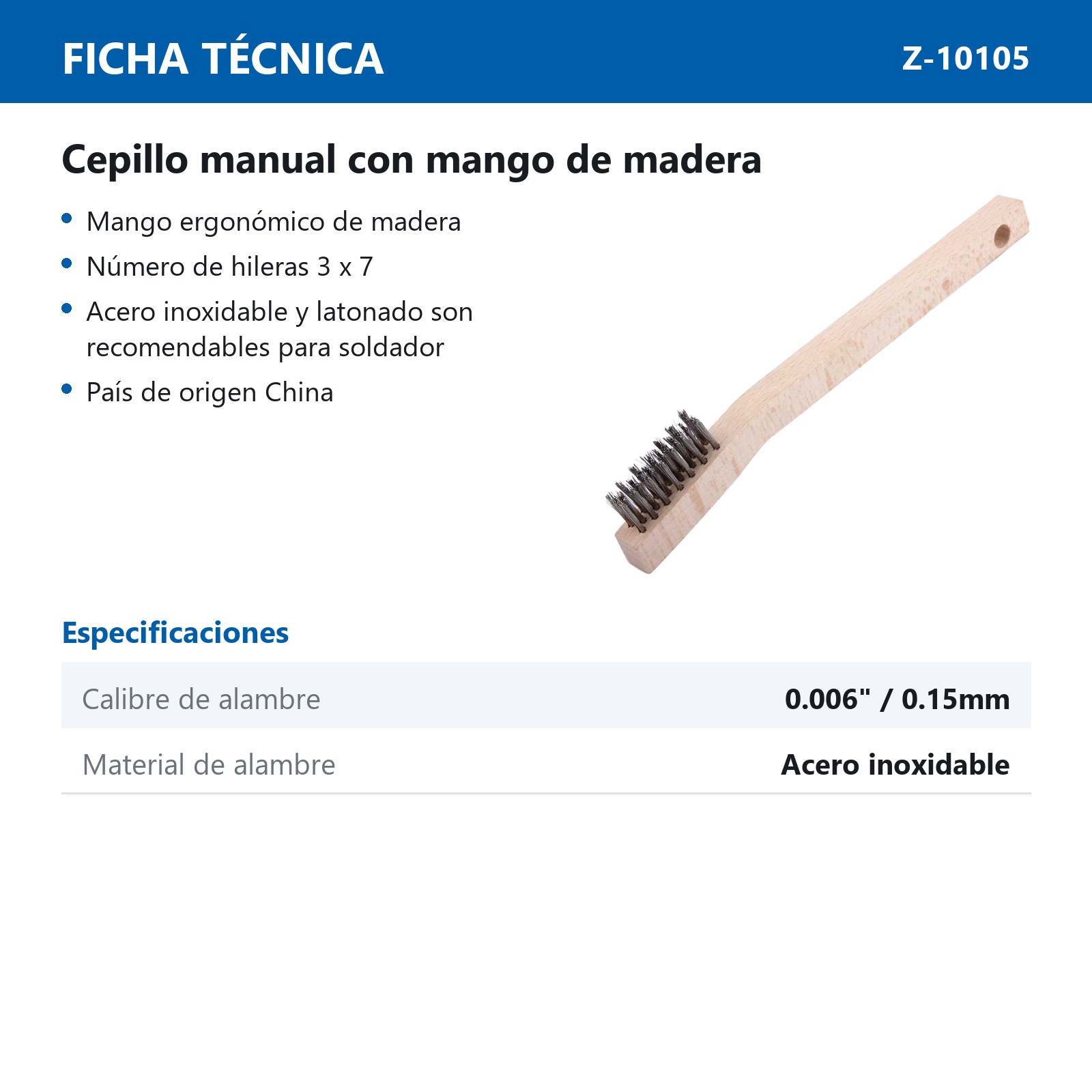 CEPILLO C/MANGO MADERA P/SOLDADOR 3X7 PINCELES A. INOXIDABLE .006" (Precio x Pza - Caja C/24 Pzs) - Imagen 3