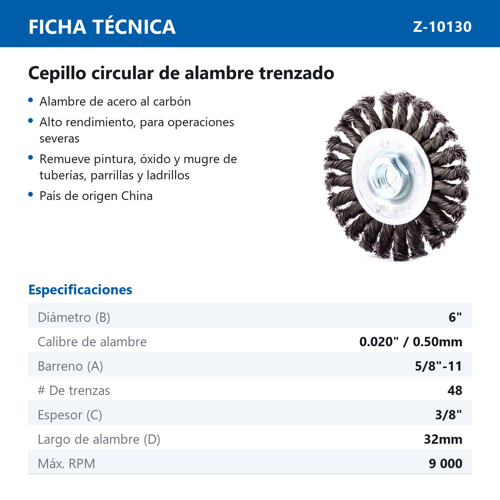 CEPILLO CIRCULAR TRENZADO 6" X 5/8-11 CARA DELGADA A. AL CARBON .020" - Imagen 2