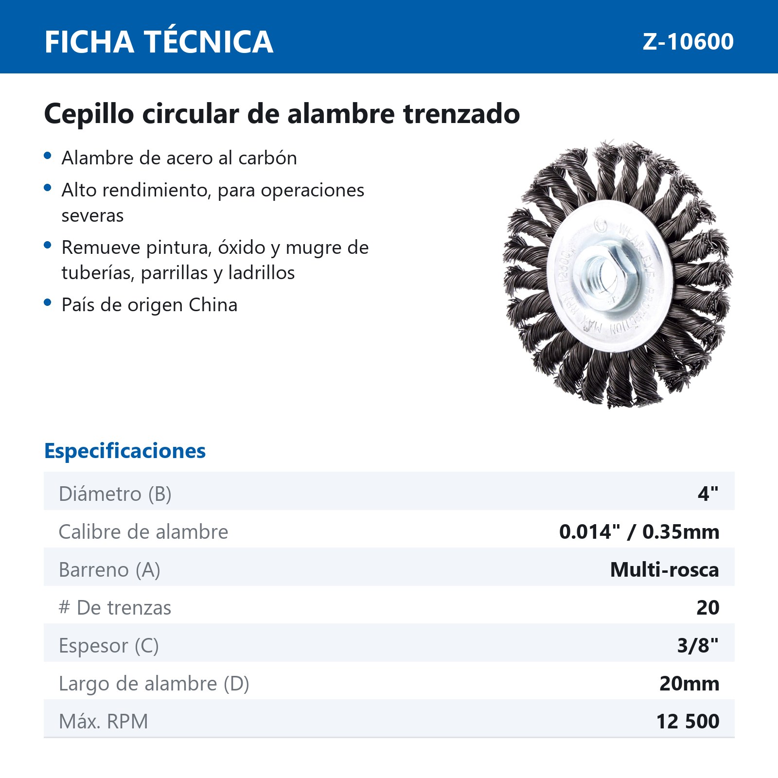 CEPILLO CIRCULAR TRENZADO 4" X MULTIROSCA A. AL CARBON .014" - Imagen 2