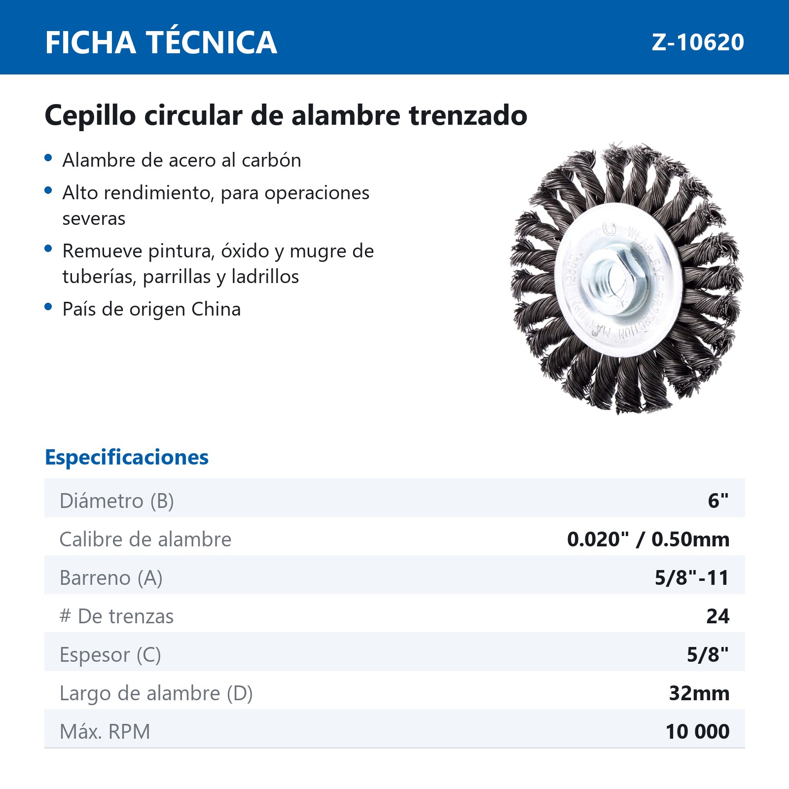 CEPILLO CIRCULAR TRENZADO 6" X 5/8-11  A. AL CARBON .020" - Imagen 2