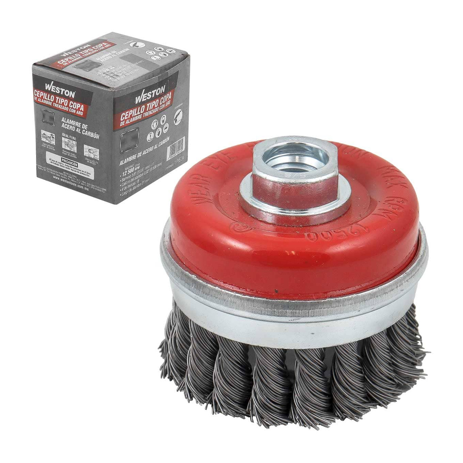 Cepillo Tipo Copa Trenzado con Aro 3" Entrada 5/8"-11 Acero al Carbón .020" Weston