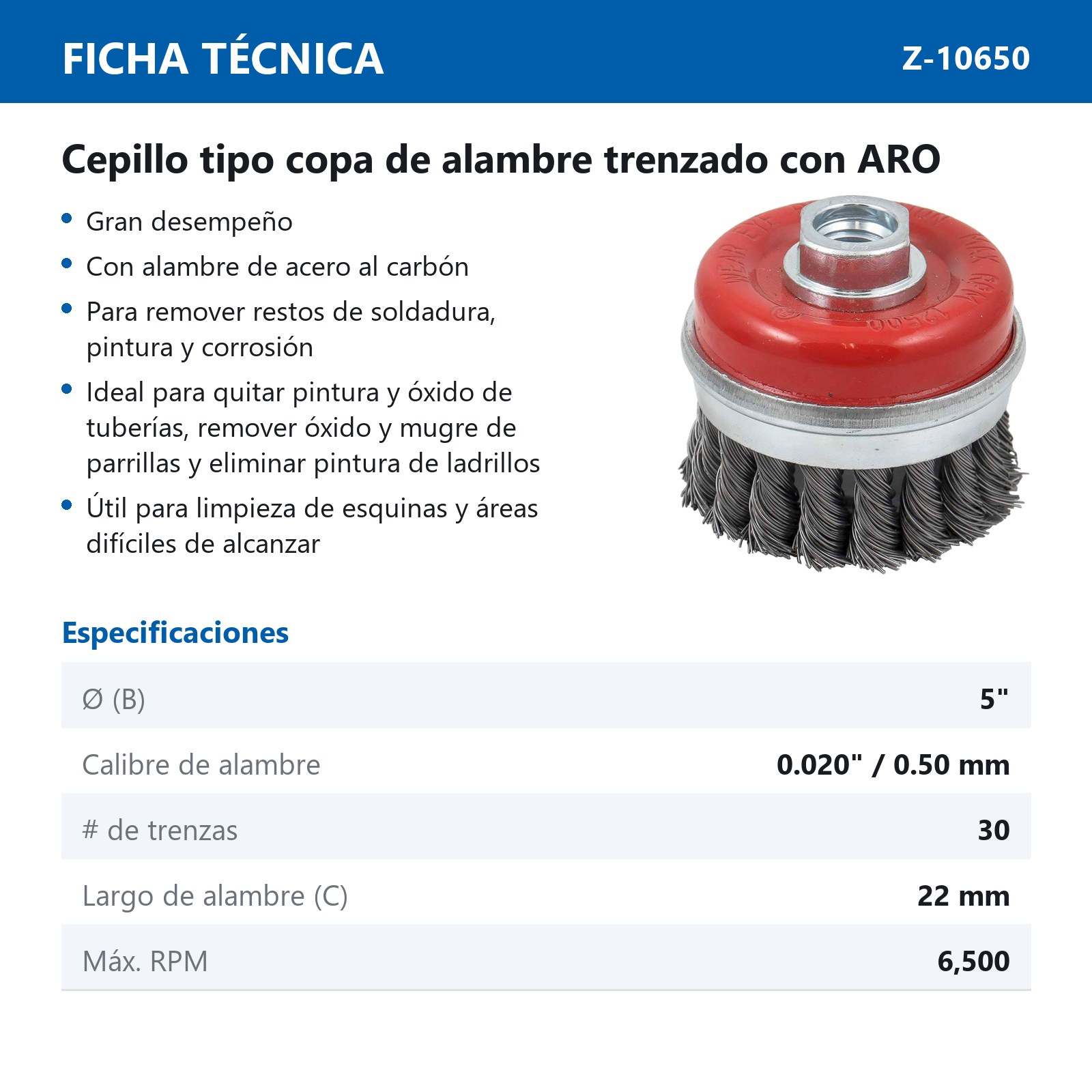 CEPILLO TIPO COPA TRENZADA C/ARO 5" ENT 5/8"-11 A. AL CARBON .020" - Imagen 3