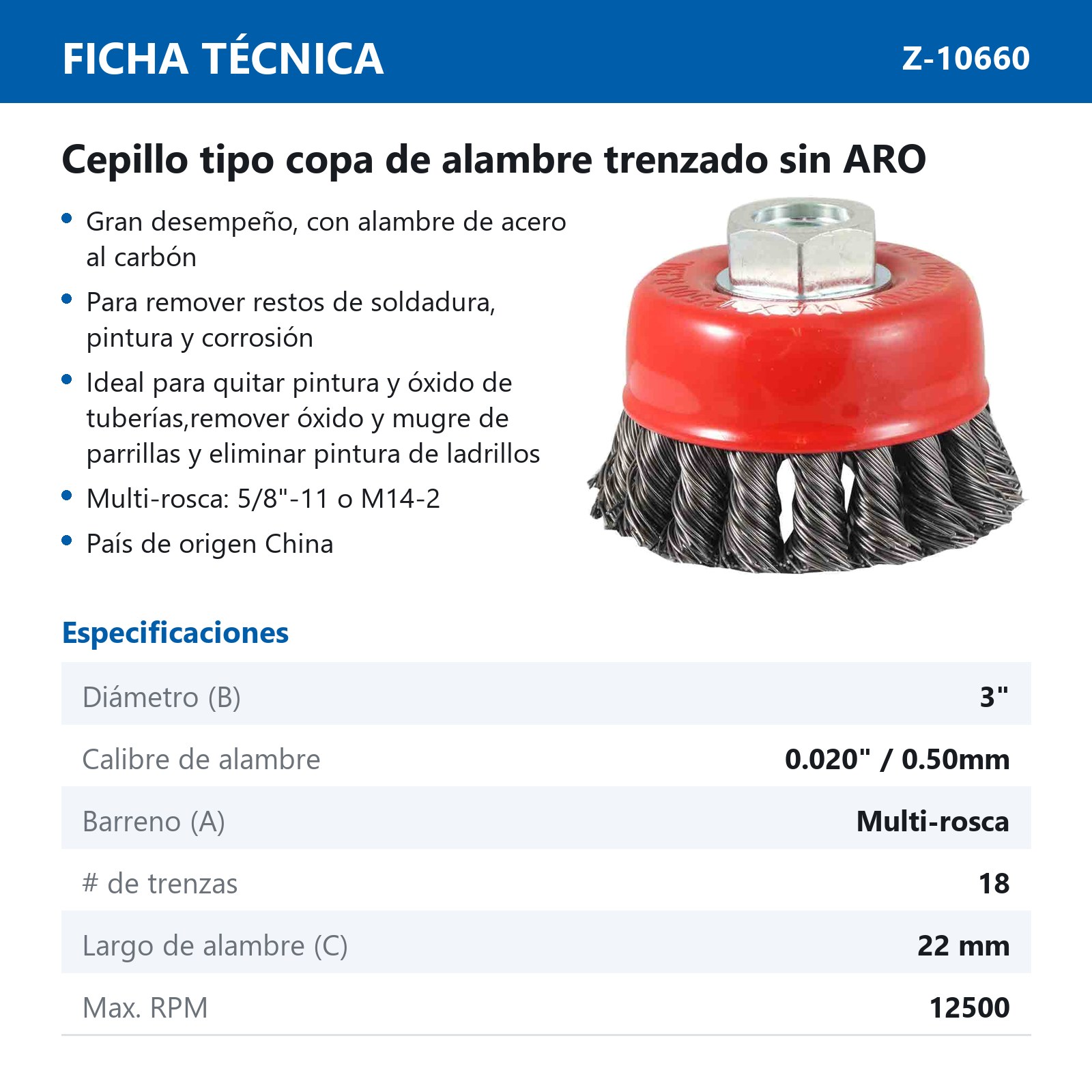 CEPILLO TIPO COPA TRENZADA SIN ARO 3" ENT MULTIROSCA A. AL CARBON .020" - Imagen 3