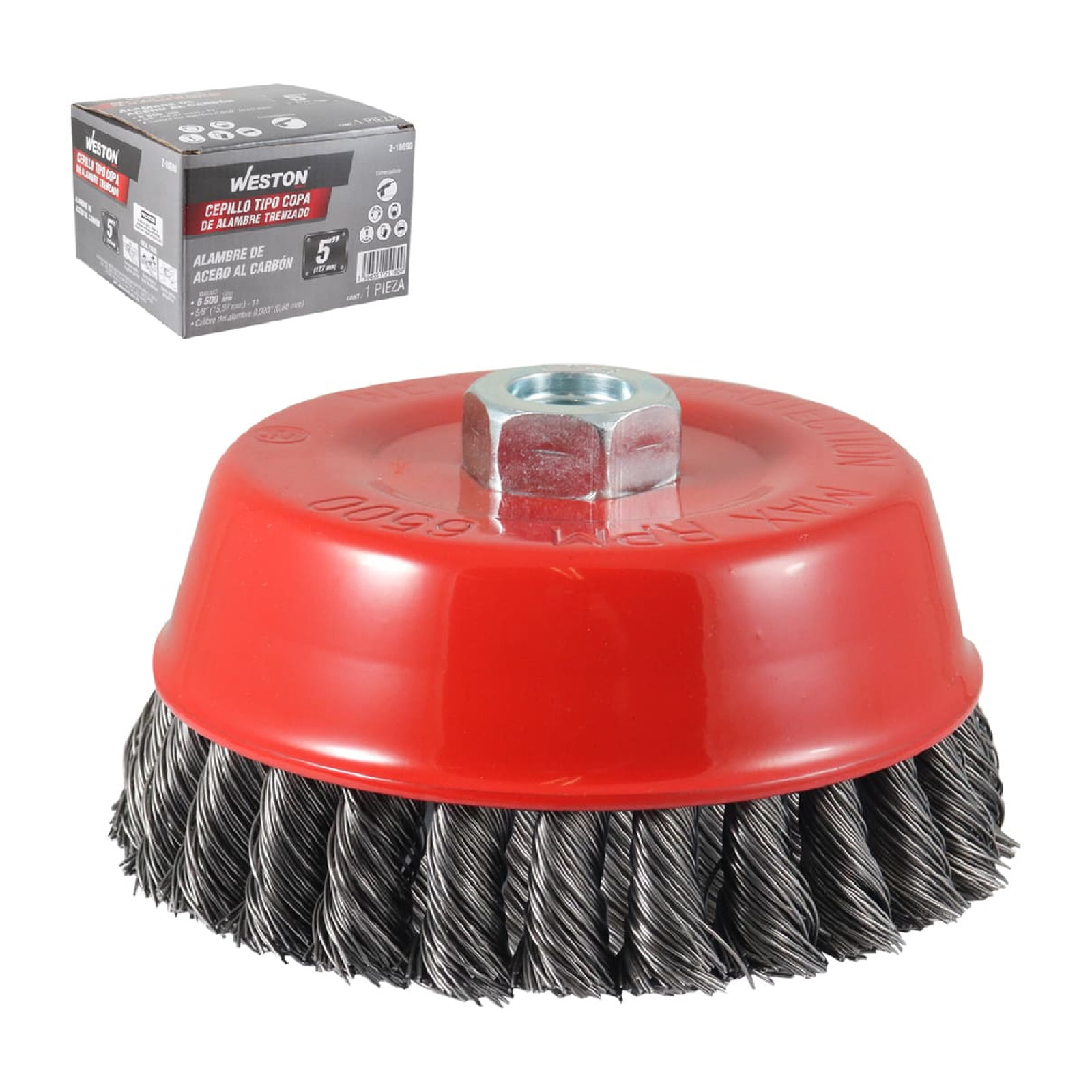 Cepillo Tipo Copa Trenzado Sin Aro 5" Entrada 5/8-11 Alambre Acero al Carbón .020" Weston