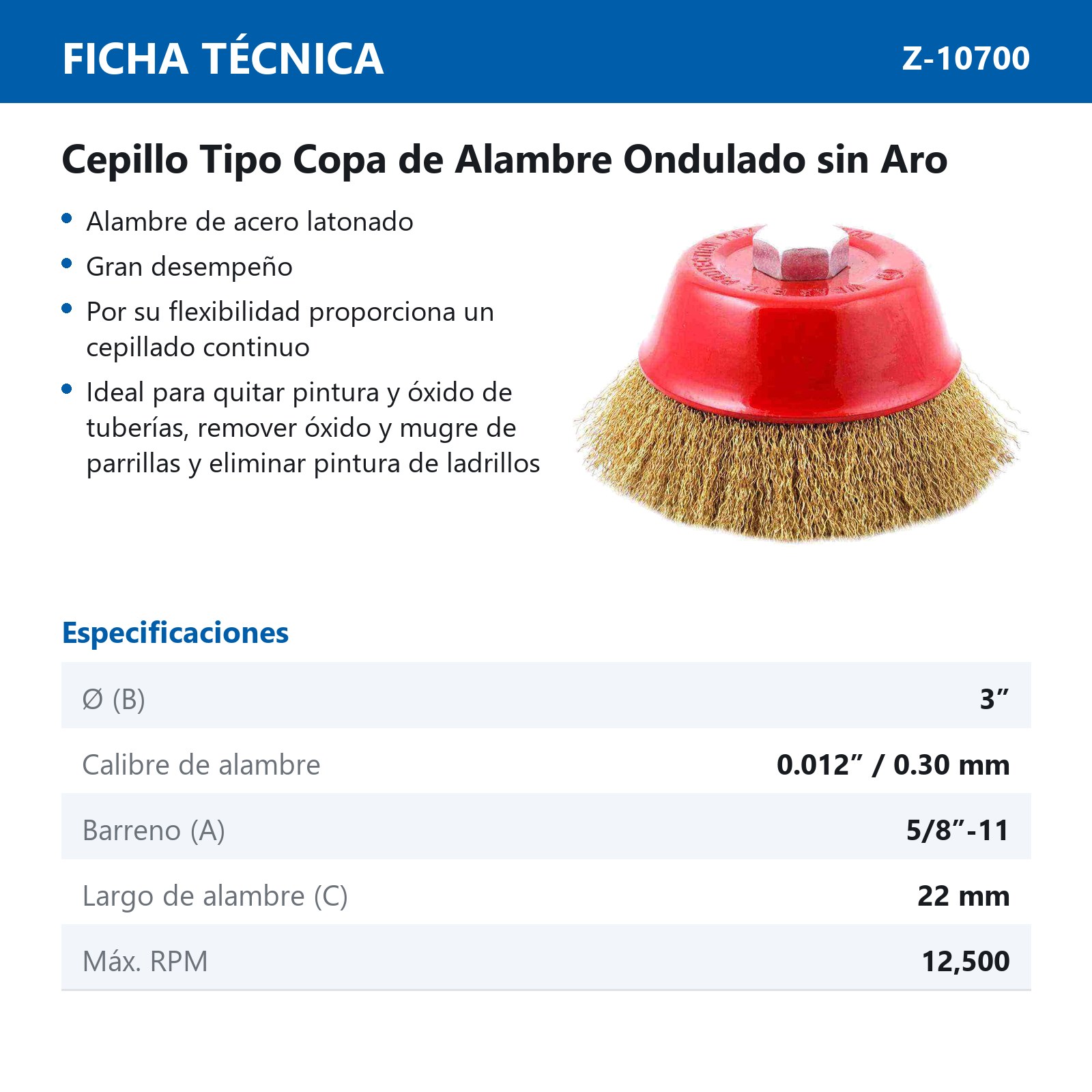 CEPILLO TIPO COPA ONDULADA SIN ARO 3"  ENT 5/8-11 A. LATONADO .012" - Imagen 2