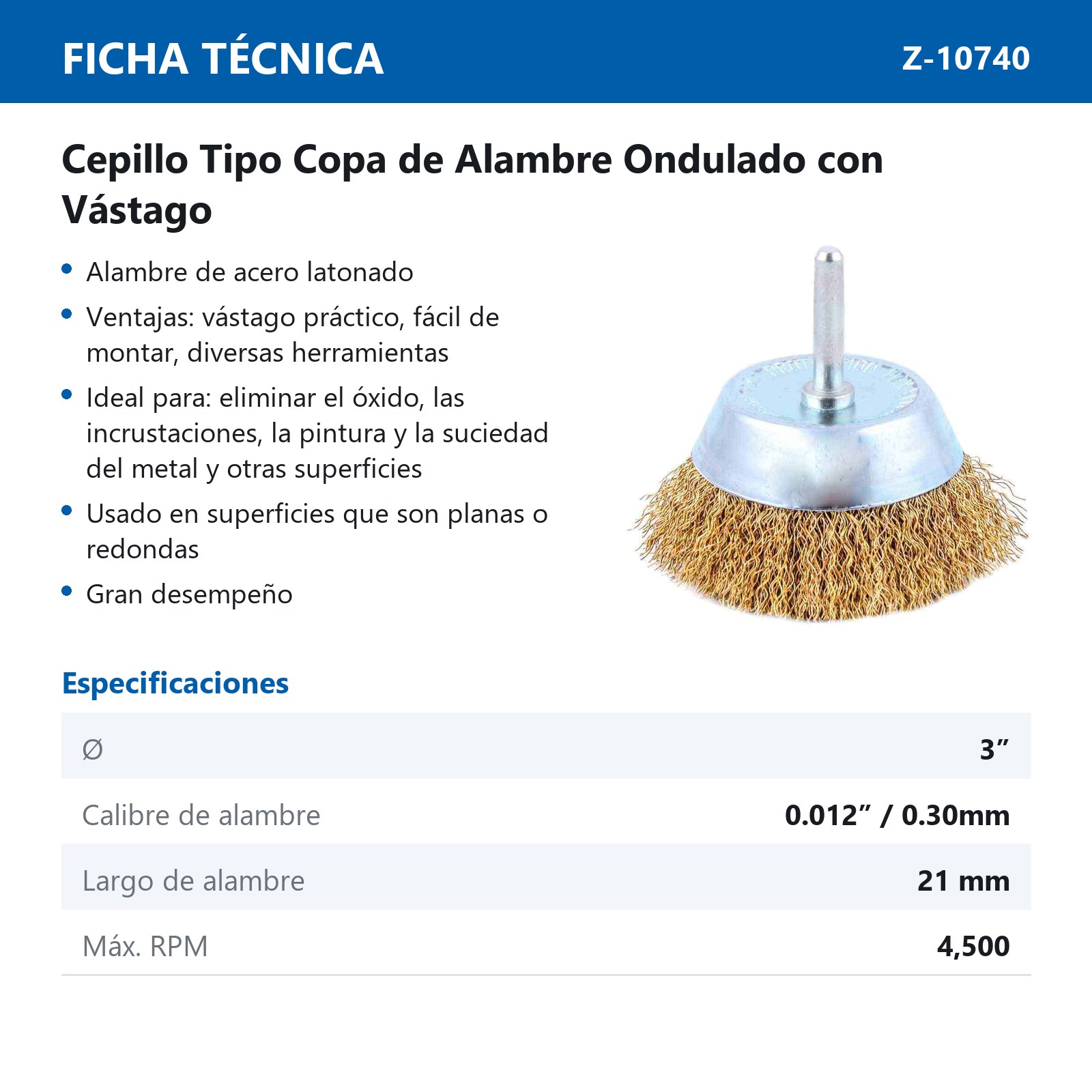 CEPILLO DE COPA ONDULADO 3" C/VASTAGO 1/4" A. LATONADO .012" - Imagen 2
