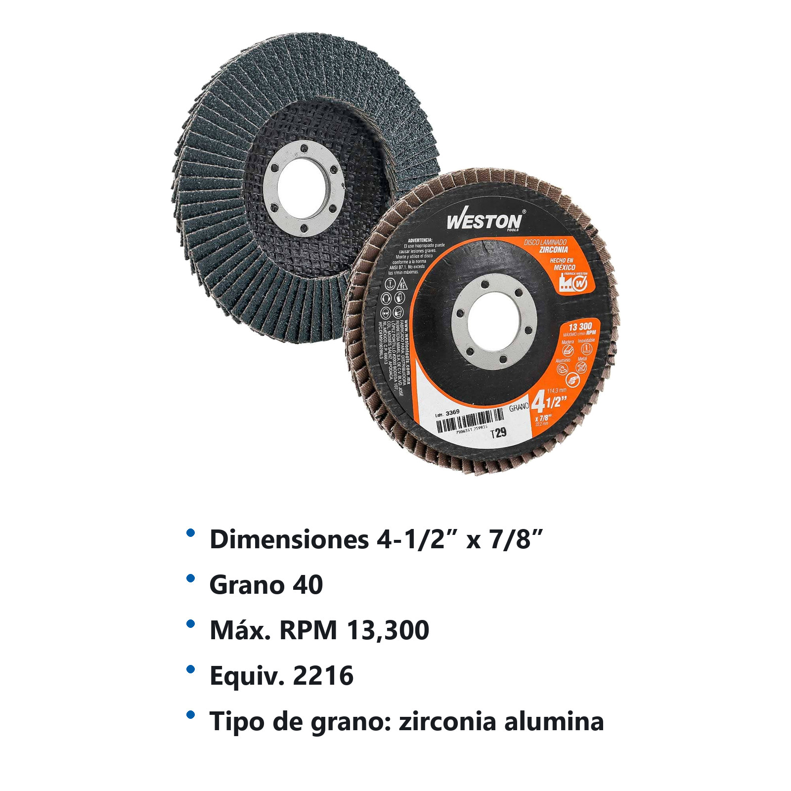DISCO LAMINADO ZIRCONIO 4-1/2X7/8" G40 (Precio x pieza - Empaque c/10 pzas) - Imagen 4