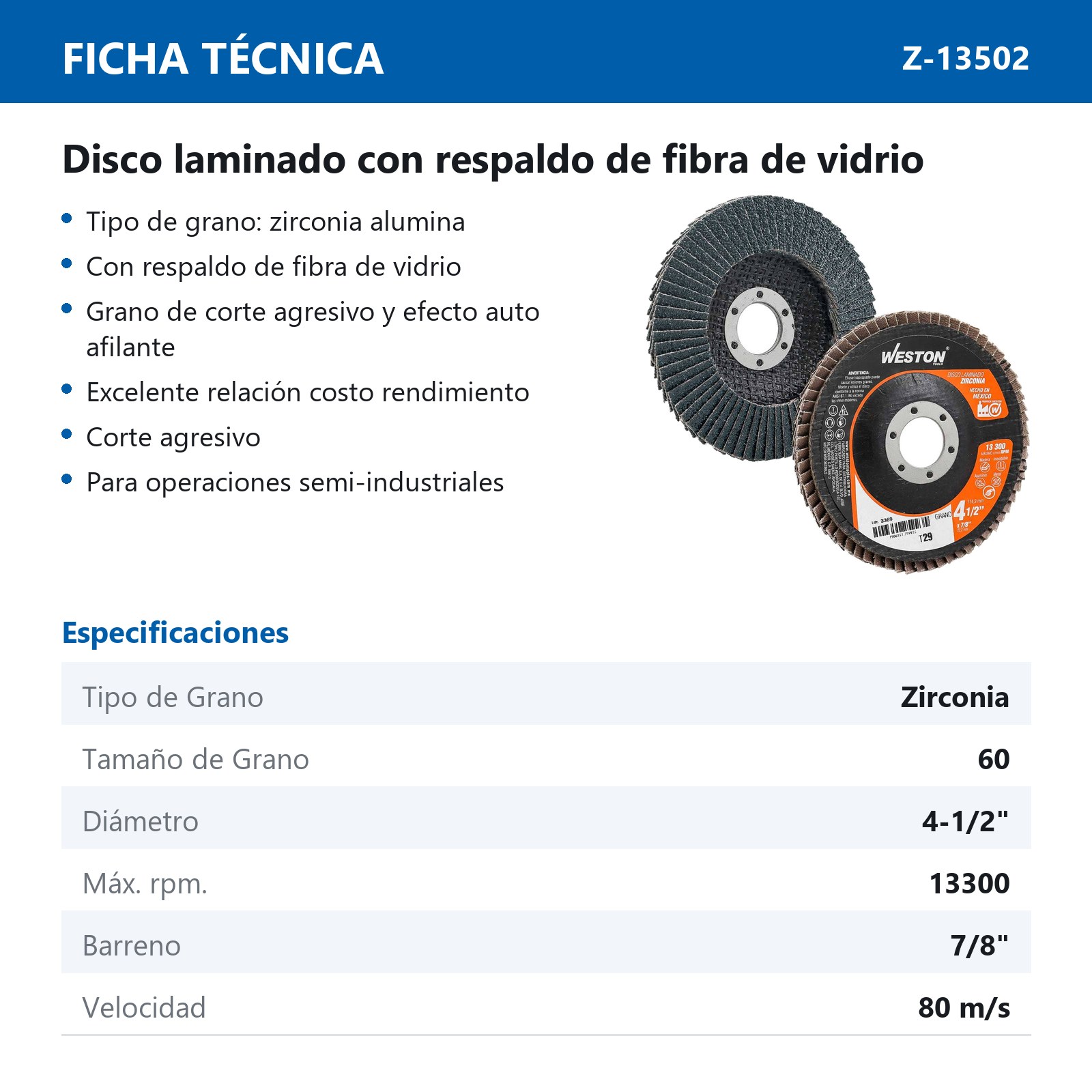 DISCO LAMINADO ZIRCONIO 4-1/2X7/8" G60 (Precio x pieza - Empaque c/10 pzas) - Imagen 4