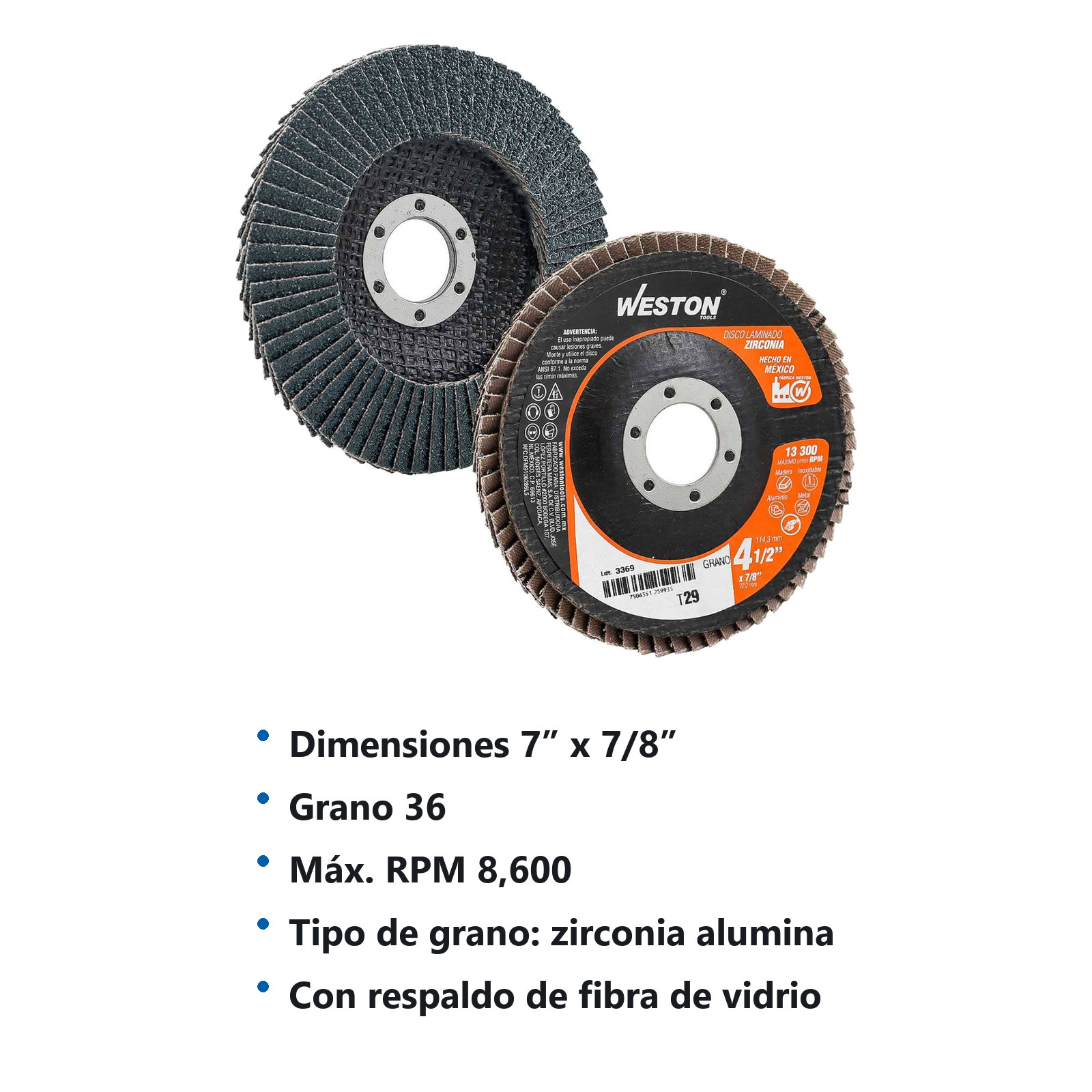DISCO LAMINADO ZIRCONIO 7"X7/8" G36 WESTON T29 (Precio x pieza - Empaque c/10 pzas) - Imagen 4