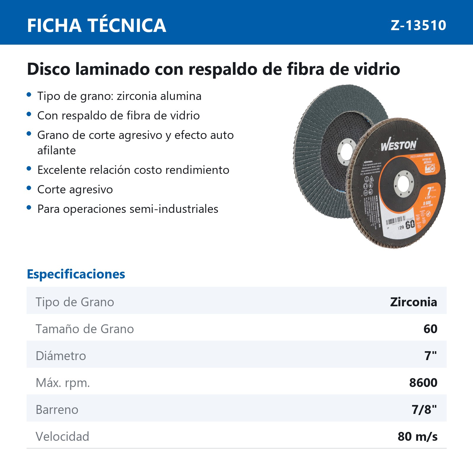 DISCO LAMINADO ZIRCONIO 7"X7/8" G60 (Precio x pieza - Empaque c/10 pzas) - Imagen 3
