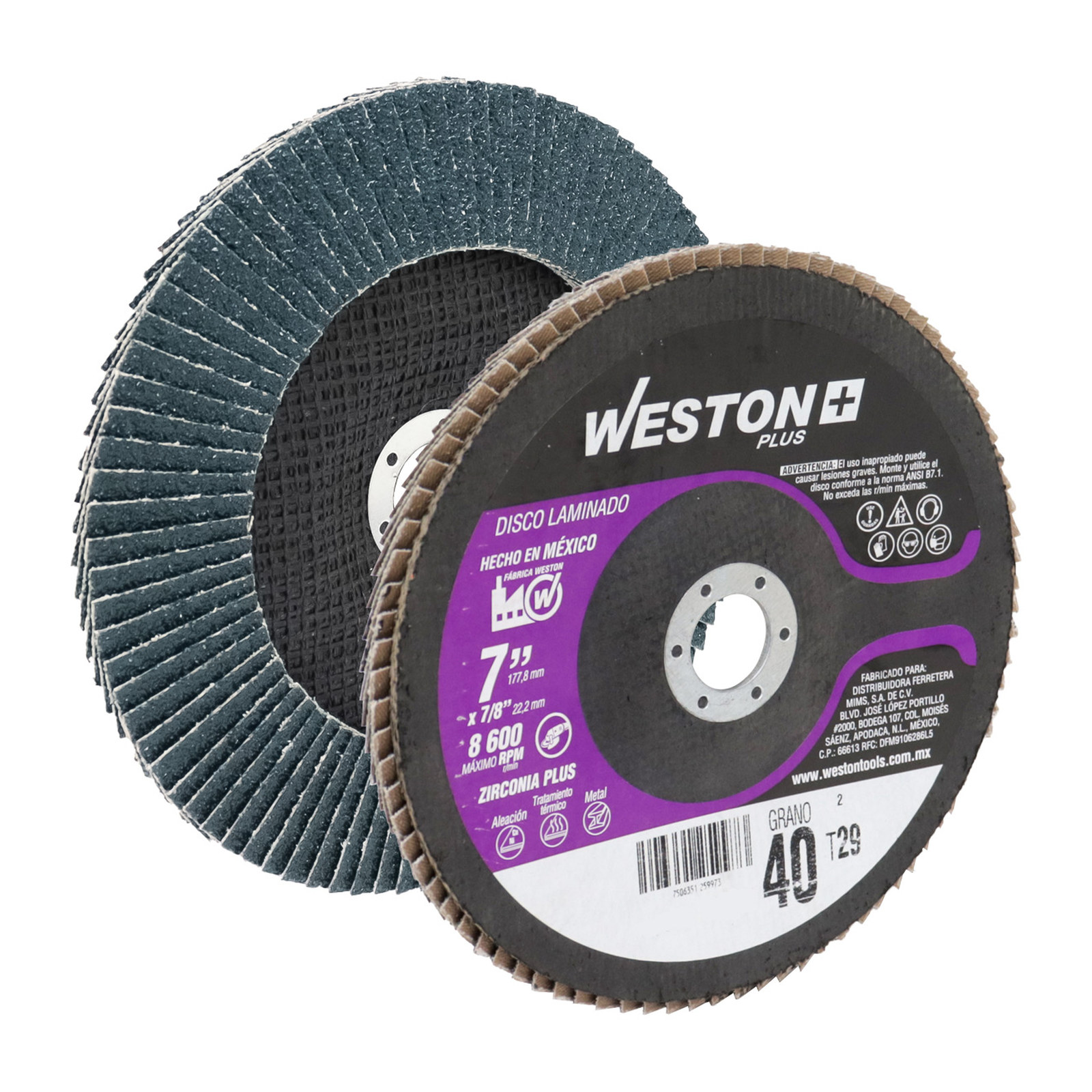 Disco Laminado de Zirconio 7" x 7/8" Grano 120 Weston Plus