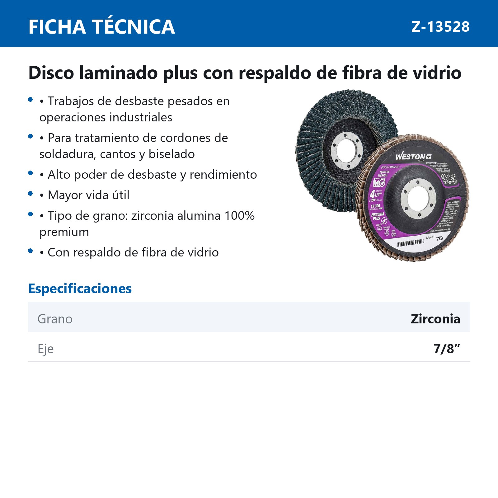 DISCO LAMINADO ZIRCONIO 4-1/2" G40 WP (Precio x pieza - Empaque c/10 pzas) - Imagen 4