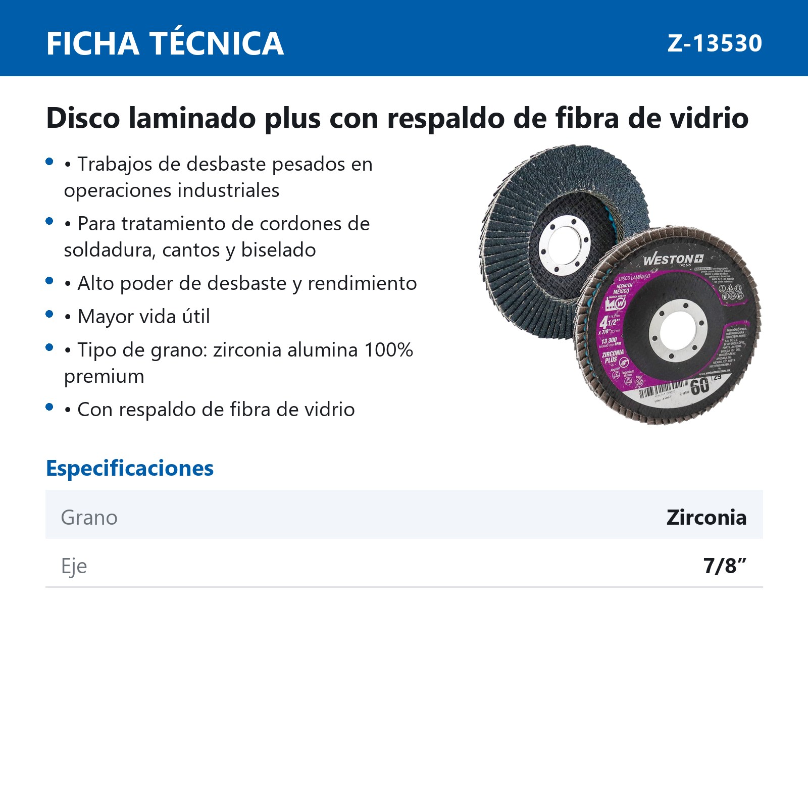 DISCO LAMINADO ZIRC. 876 4-1/2" G60 WP (Precio x pieza - Empaque c/10 pzas) - Imagen 4