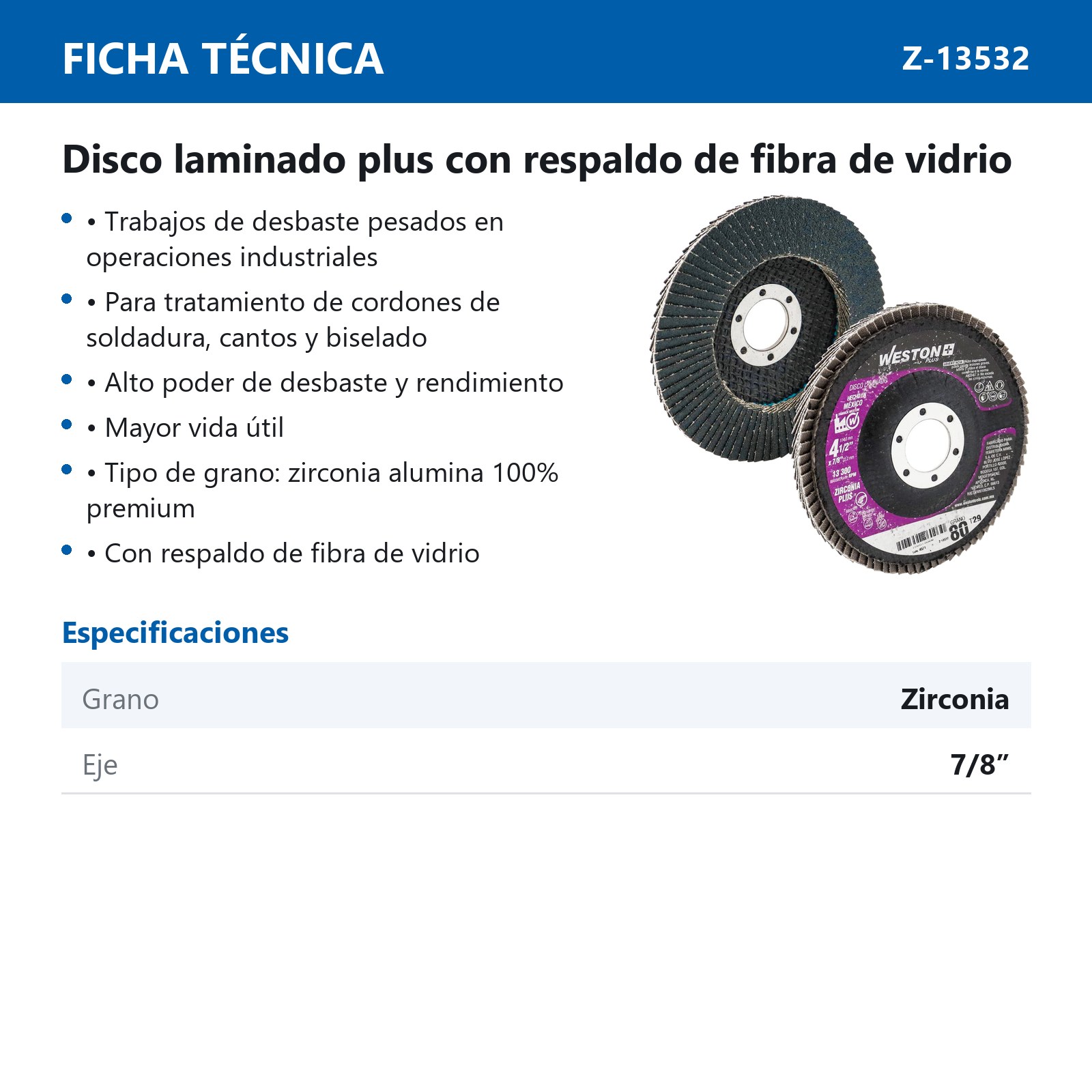 DISCO LAMINADO ZIRCONIO 4-1/2" G80 WP (Precio x pieza - Empaque c/10 pzas) - Imagen 4