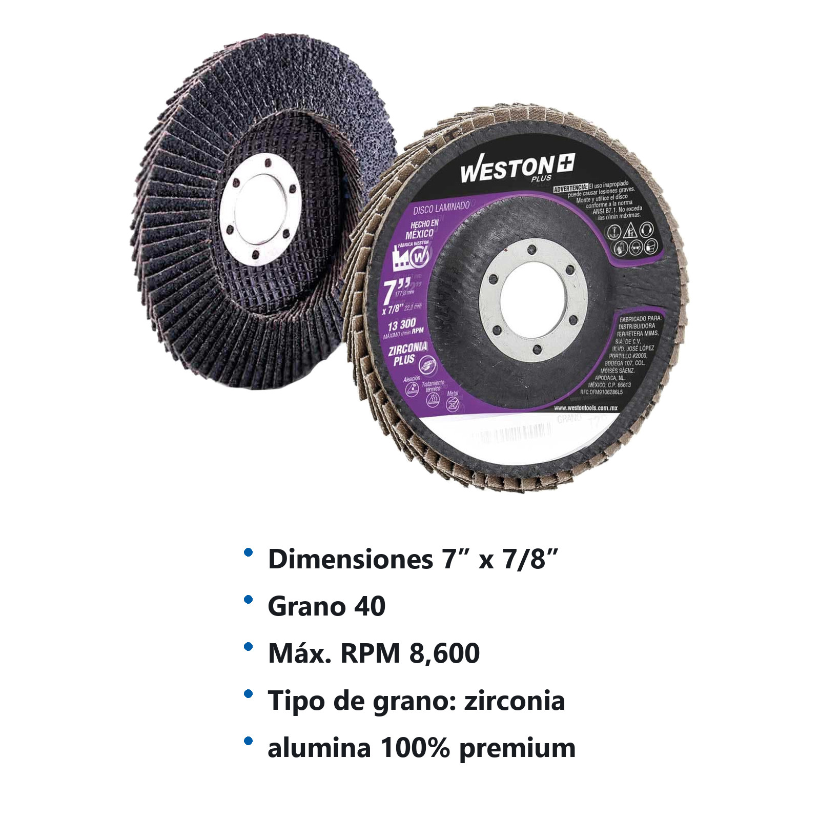 DISCO LAMINADO ZIRCONIO   7"X7/8" G40   HPWP (Precio x pieza - Empaque c/10 pzas) - Imagen 4