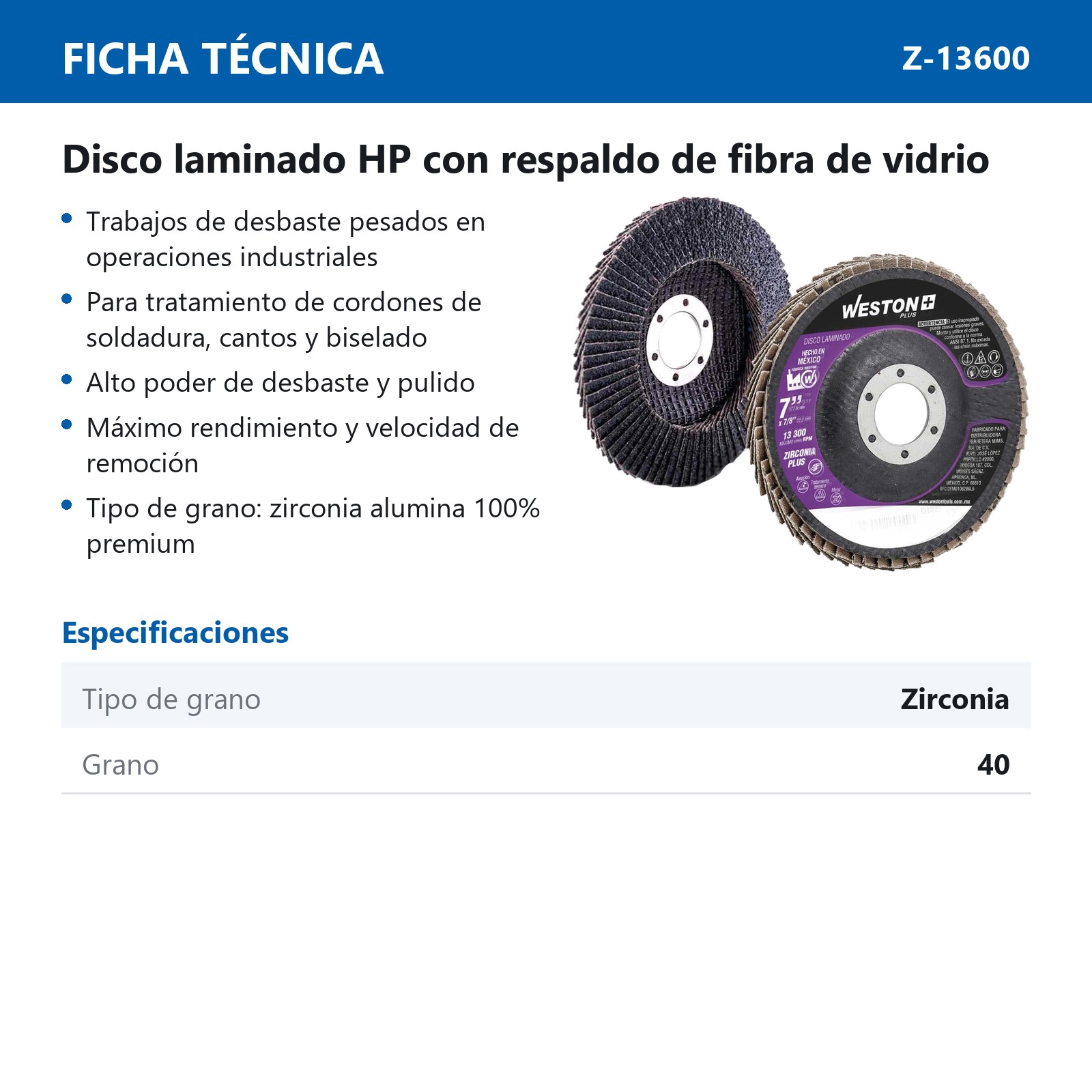 DISCO LAMINADO ZIRCONIO   7"X7/8" G40   HPWP (Precio x pieza - Empaque c/10 pzas) - Imagen 4