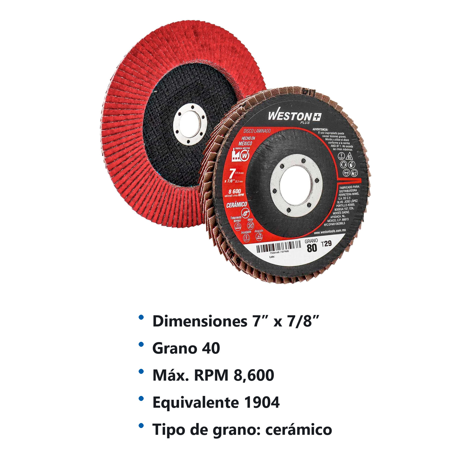 DISCO LAMINADO CERAMICO 7" X 7/8" G40 WP (Precio x pieza - Empaque c/10 pzas) - Imagen 4