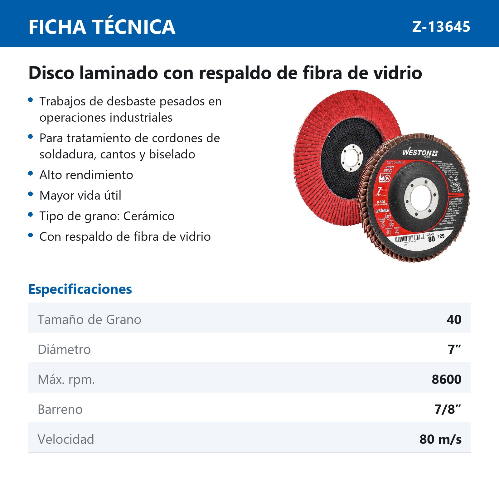 DISCO LAMINADO CERAMICO 7" X 7/8" G40 WP (Precio x pieza - Empaque c/10 pzas) - Imagen 4