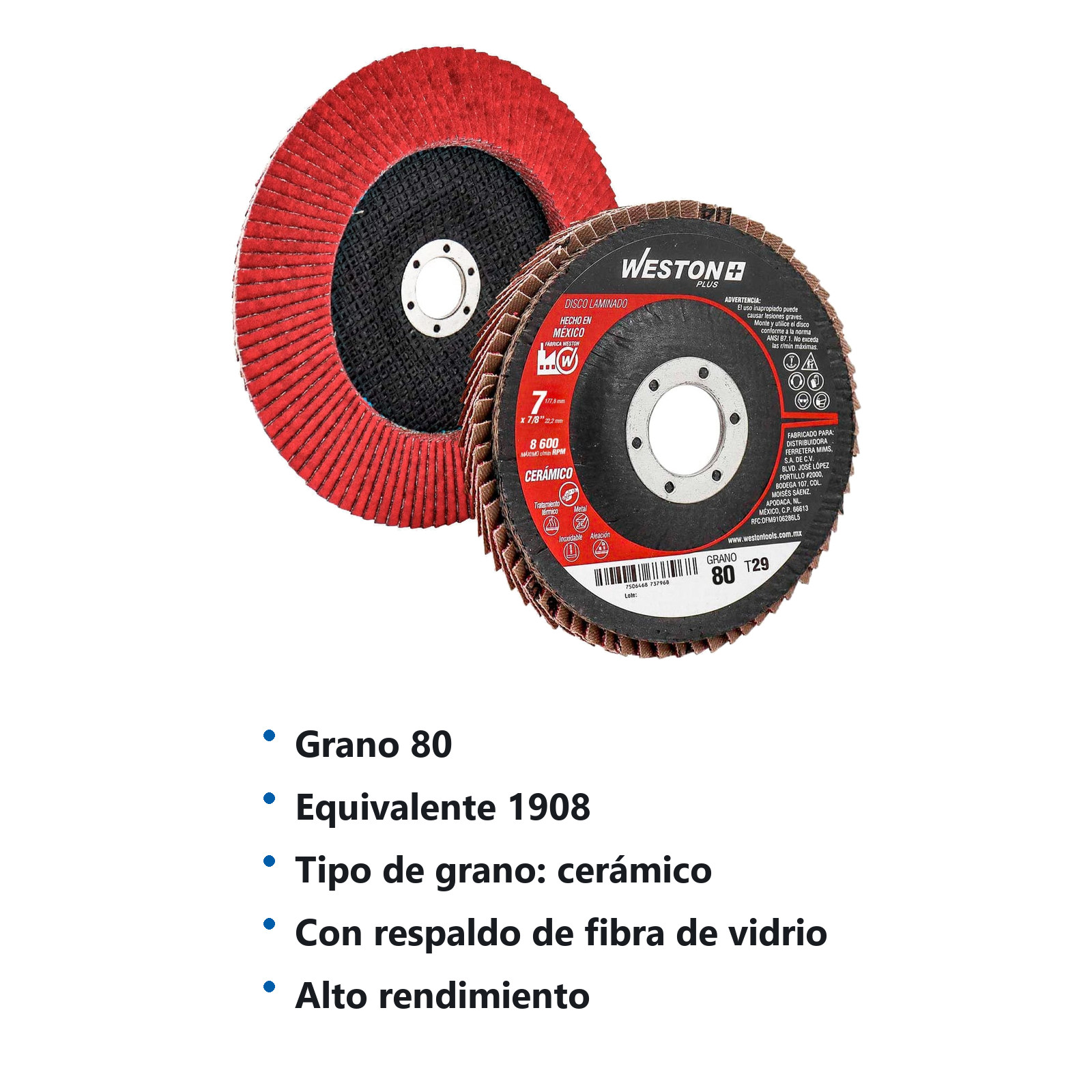 DISCO LAMINADO CERAMICO 7" X 7/8" G80 WP (Precio x pieza - Empaque c/10 pzas) - Imagen 3