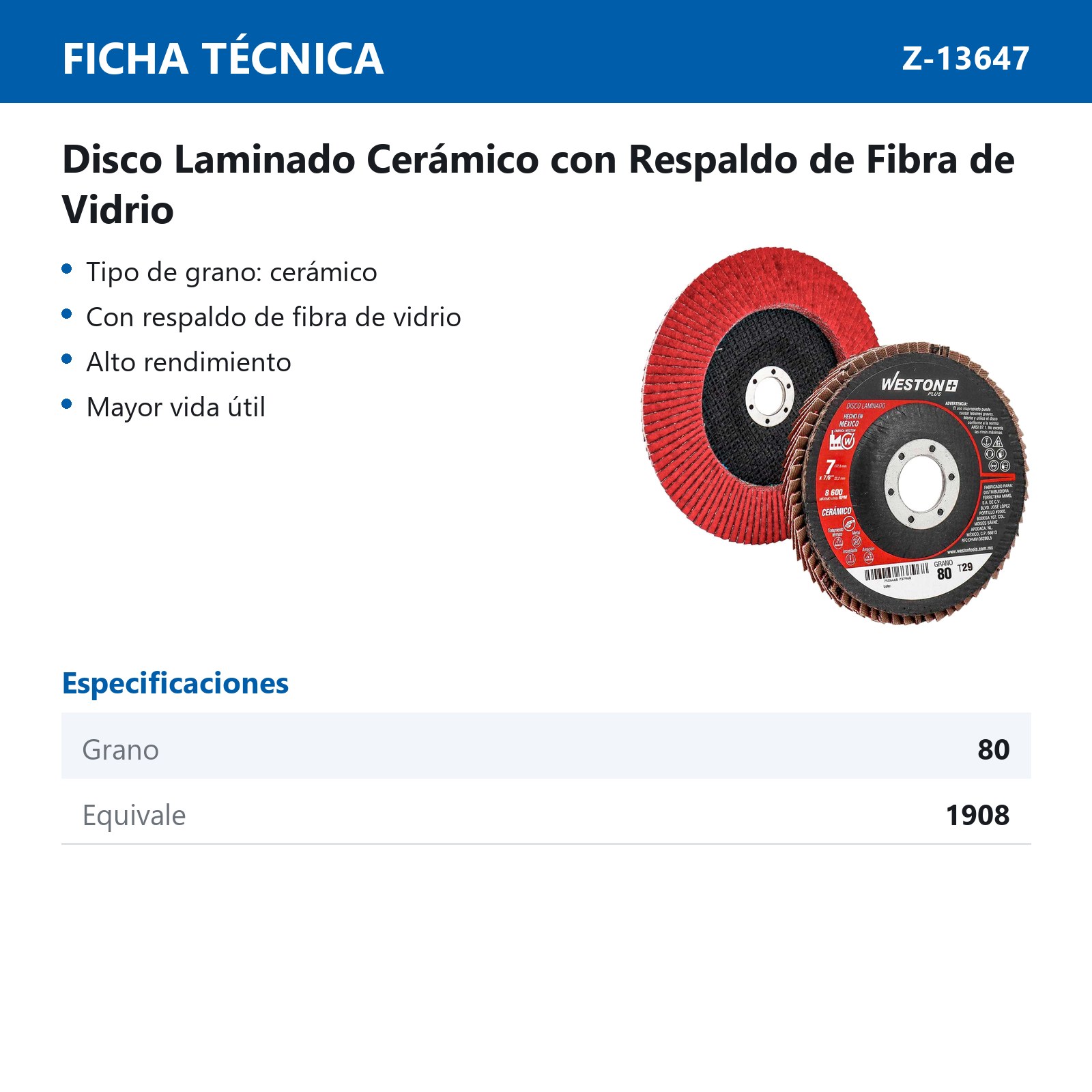 DISCO LAMINADO CERAMICO 7" X 7/8" G80 WP (Precio x pieza - Empaque c/10 pzas) - Imagen 3