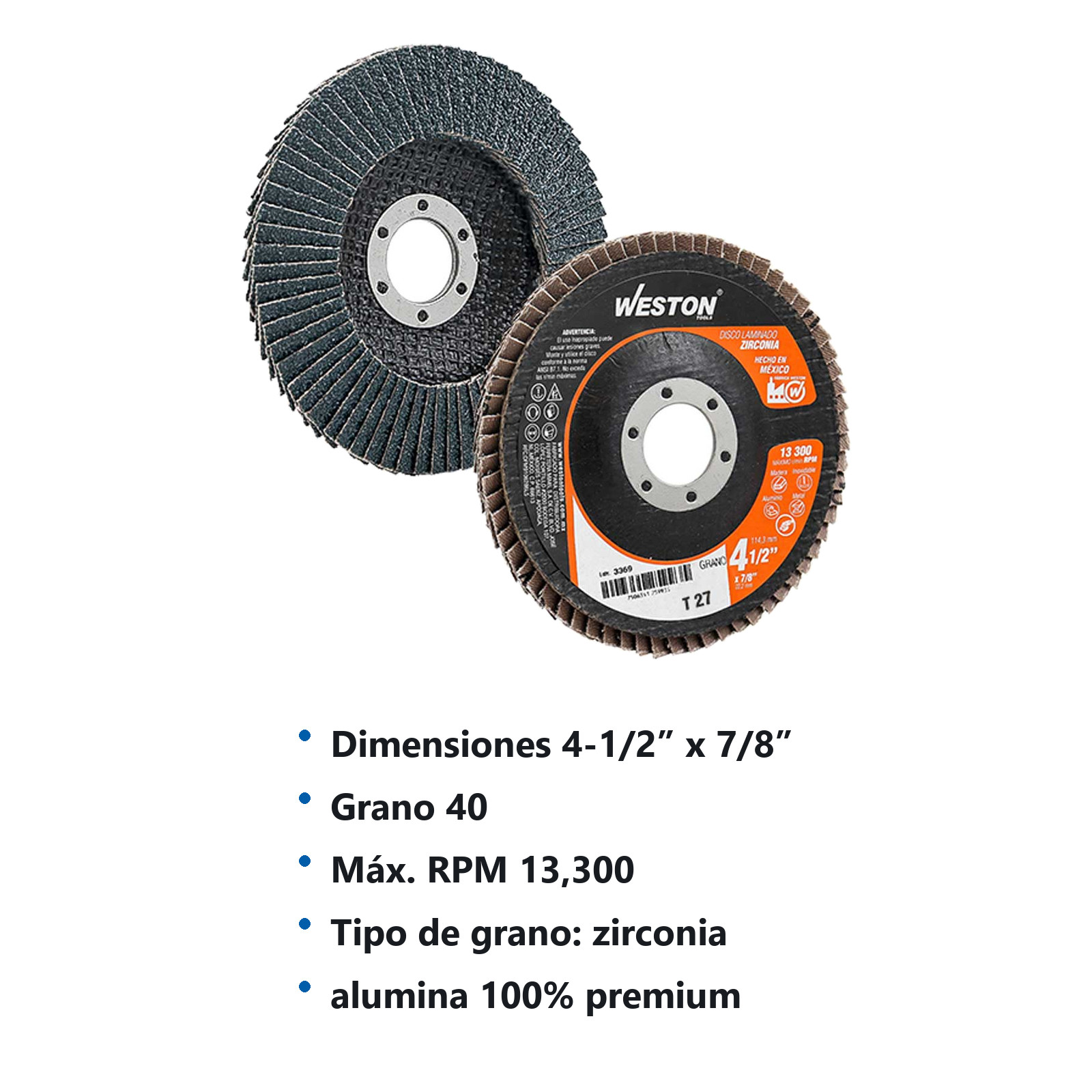 DISCO LAMINADO ZIRCONIO 4-1/2X7/8" G40 T27 (Precio x pieza - Empaque c/10 pzas) - Imagen 3
