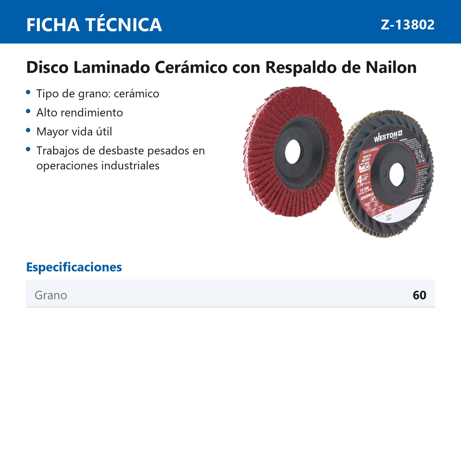 DISCO LAMINADO CERAMICO CON RESPALDO DE PLASTICO T27 4-1/2" G60  WP - Imagen 4