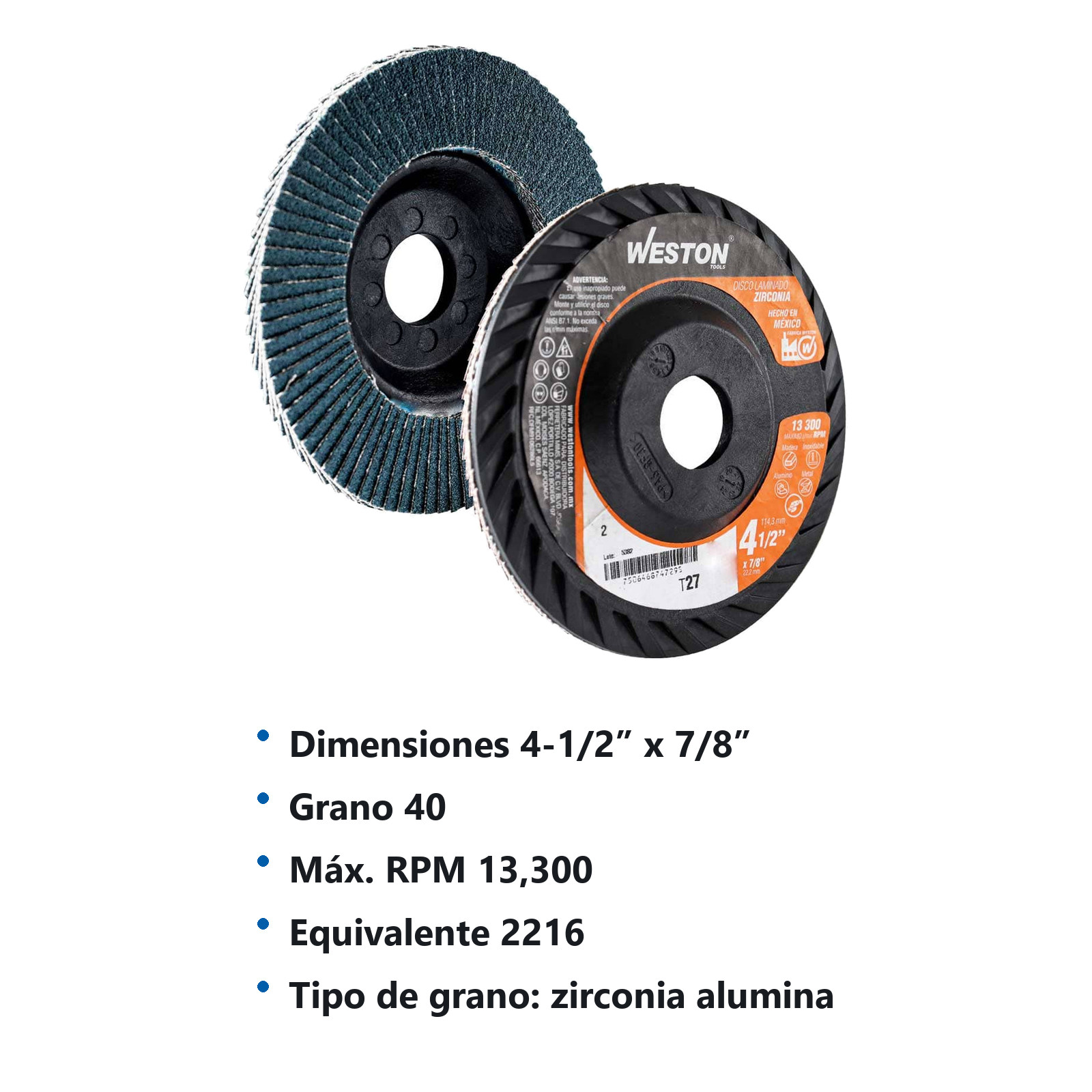 DISCO LAMINADO WESTON ZIRCONIO 4-1/2X7/8" G40 T27 PLASTICO - Imagen 4