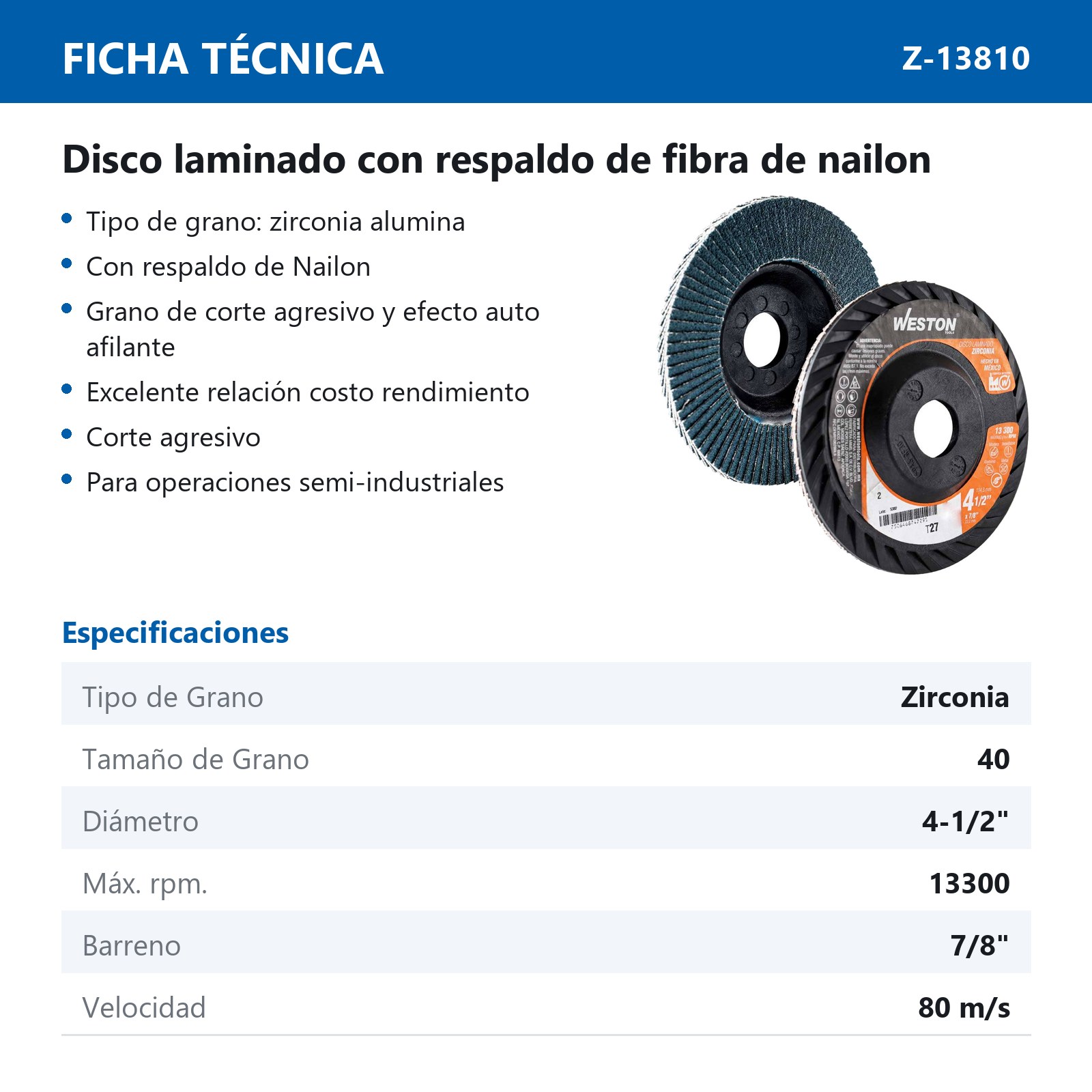 DISCO LAMINADO WESTON ZIRCONIO 4-1/2X7/8" G40 T27 PLASTICO - Imagen 4