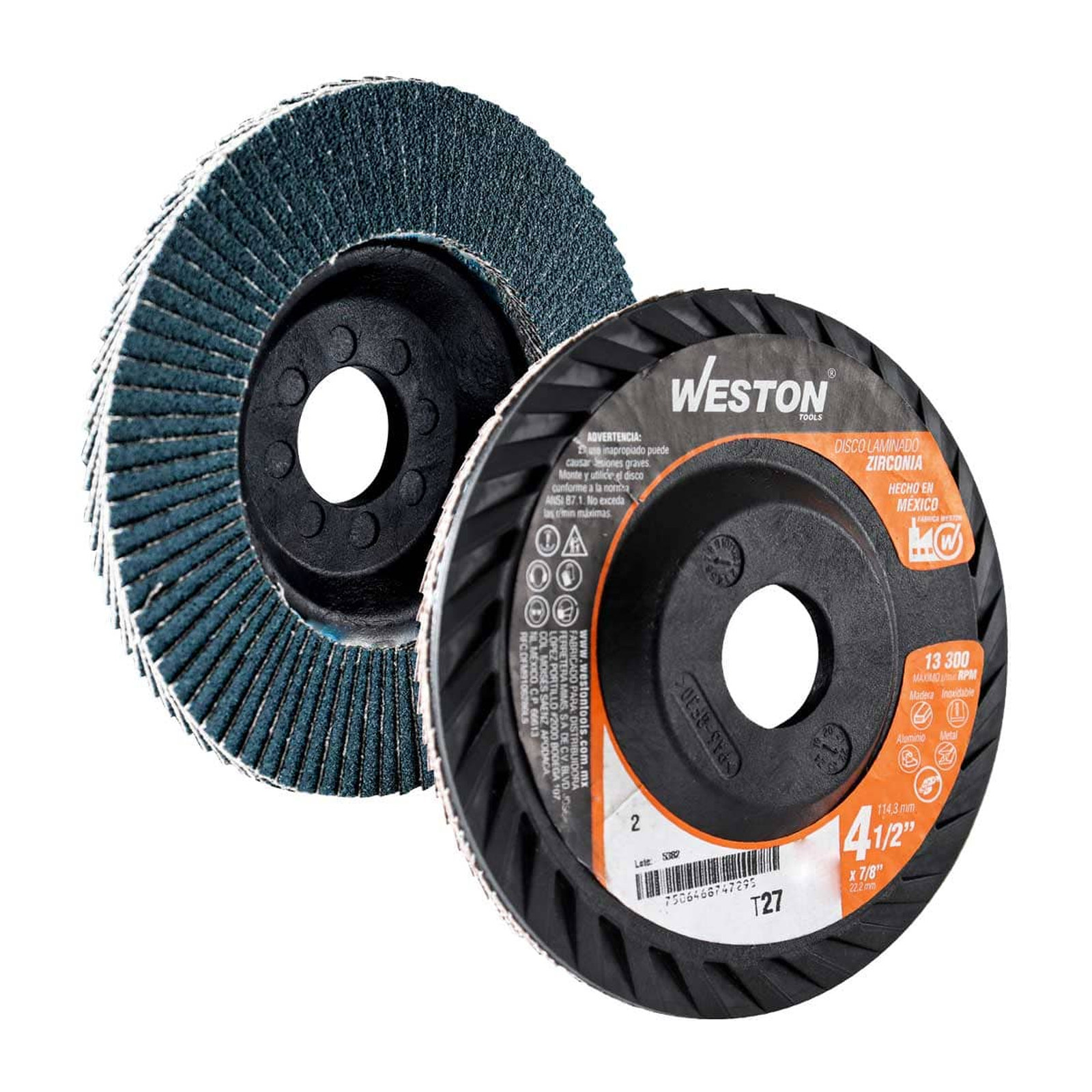 Disco Laminado Weston Zirconio 4-1/2" x 7/8" Grano 120 Tipo 27 con Respaldo de Plástico - 10 piezas