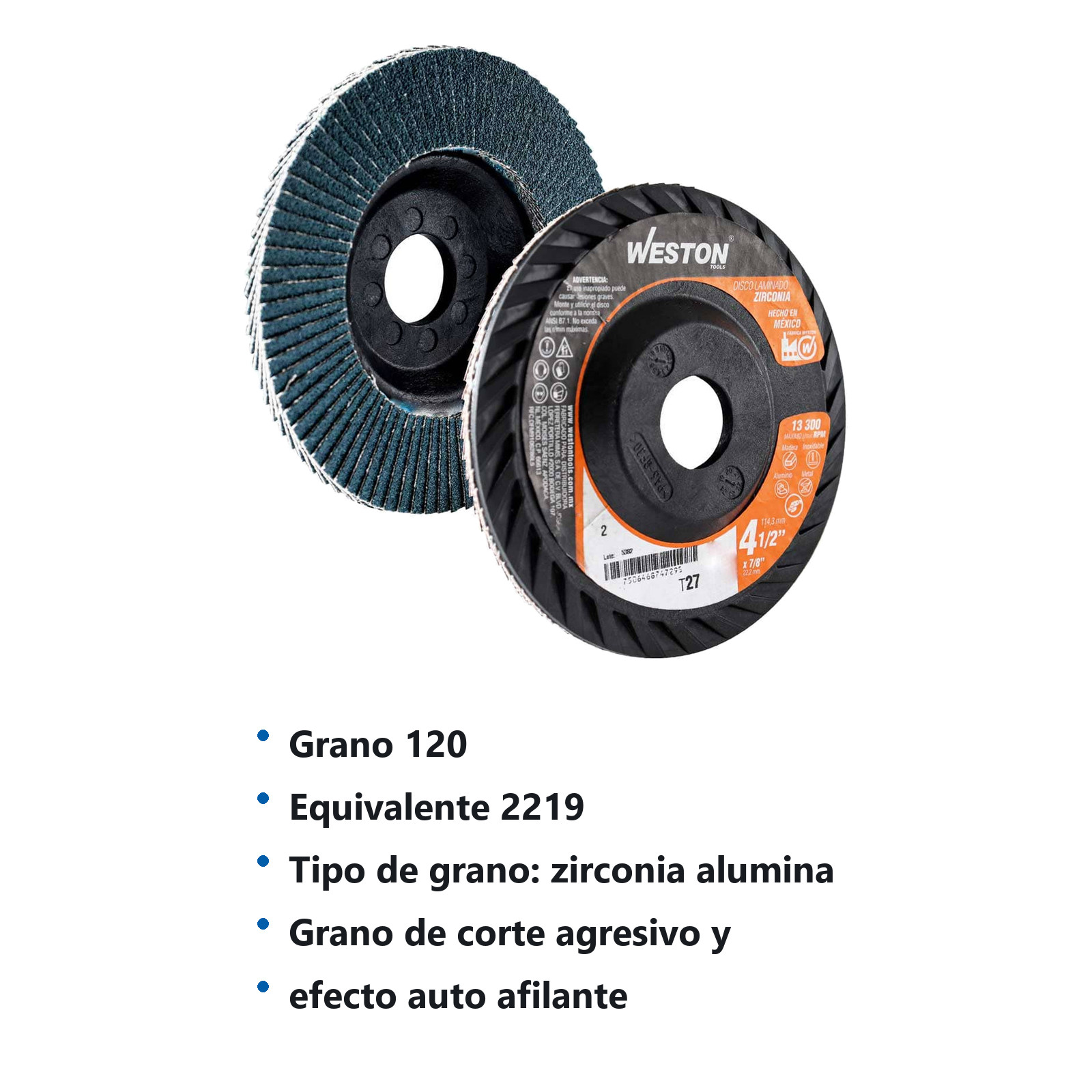 DISCO LAMINADO WESTON ZIRCONIO 4-1/2X7/8" G120 T27 PLASTICO - Imagen 4