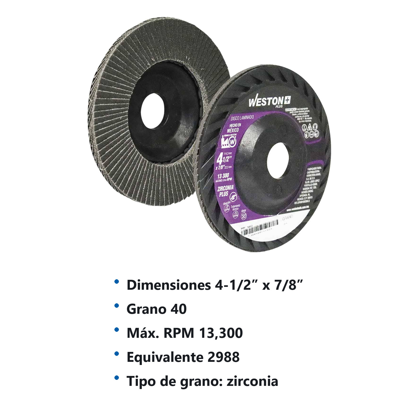 DISCO LAMINADO ZIRC. 876 4-1/2" G40 WP T27 PLASTICO - Imagen 2