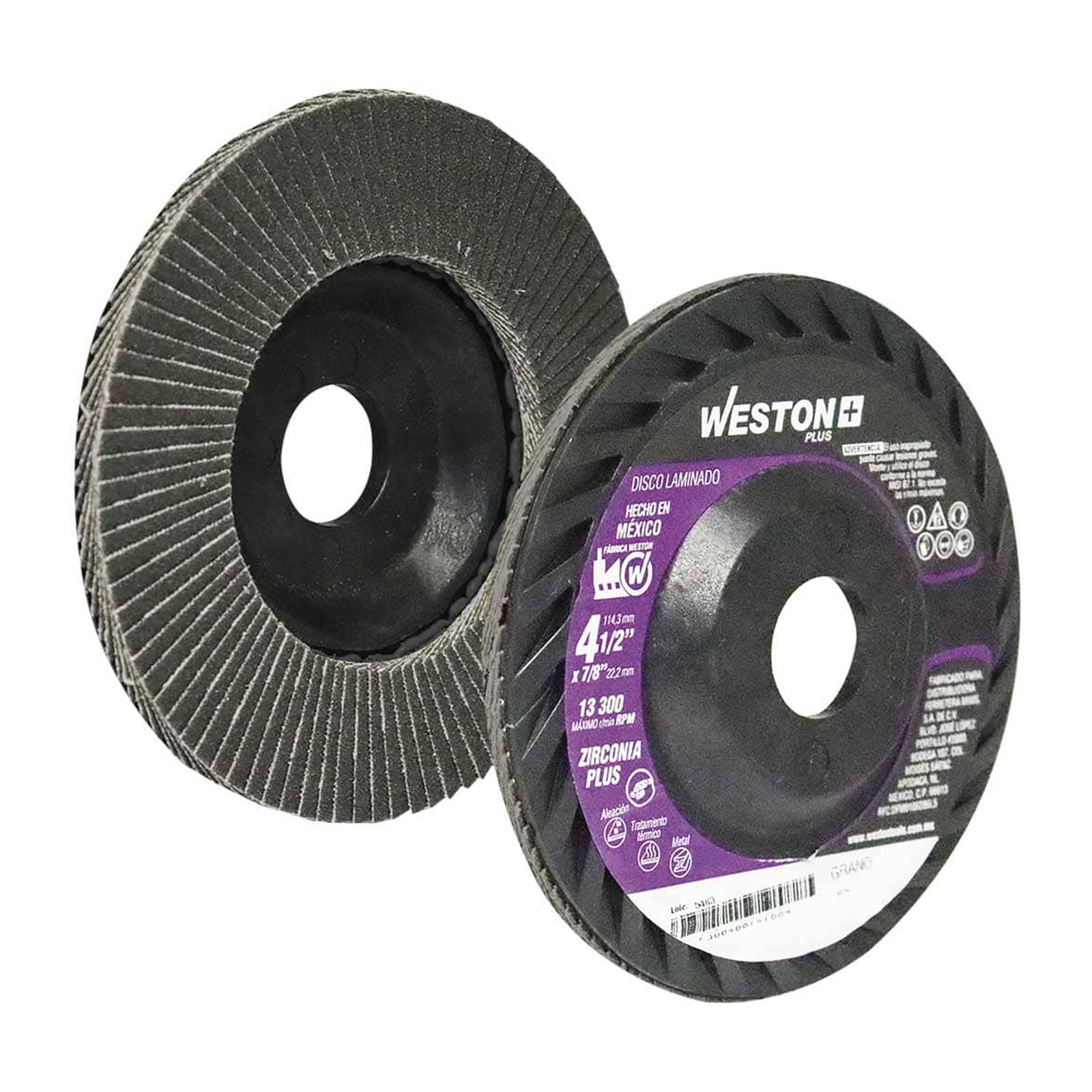 Disco Laminado de Zirconia Alumina 4-1/2" Grano 60 Tipo 27 con Respaldo Plástico WESTON PLUS 876