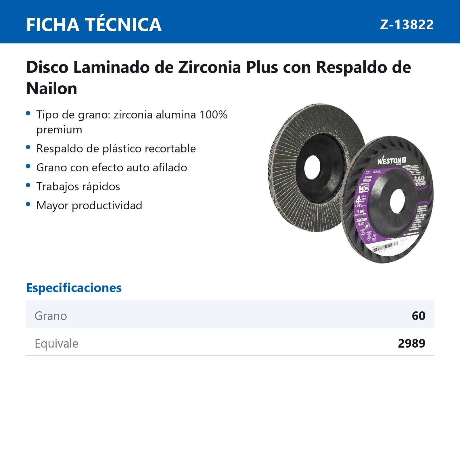 DISCO LAMINADO ZIRC. 876 4-1/2" G60 WP T27 PLASTICO - Imagen 2