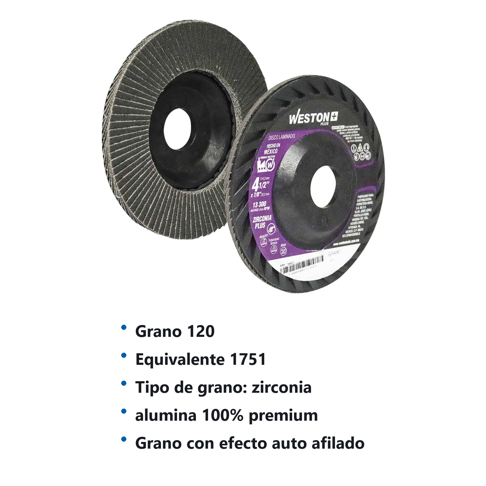 DISCO LAMINADO ZIRC. 876 4-1/2" G120 WP T27 PLASTICO - Imagen 3