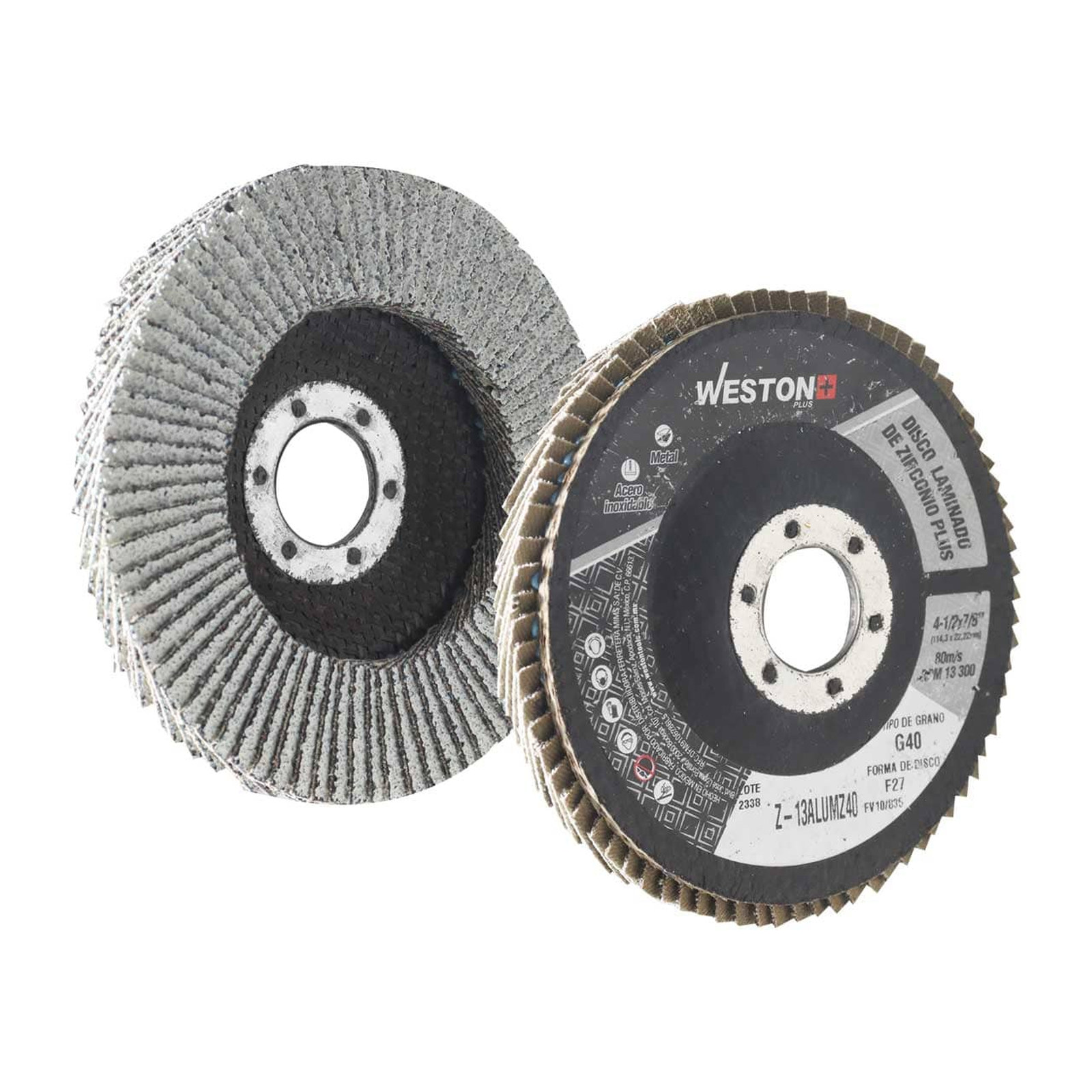 Disco Laminado de Zirconia para Aluminio con Respaldo de Fibra de Vidrio 4-1/2" Grano 40 T27 Weston Plus (Paquete de 10)