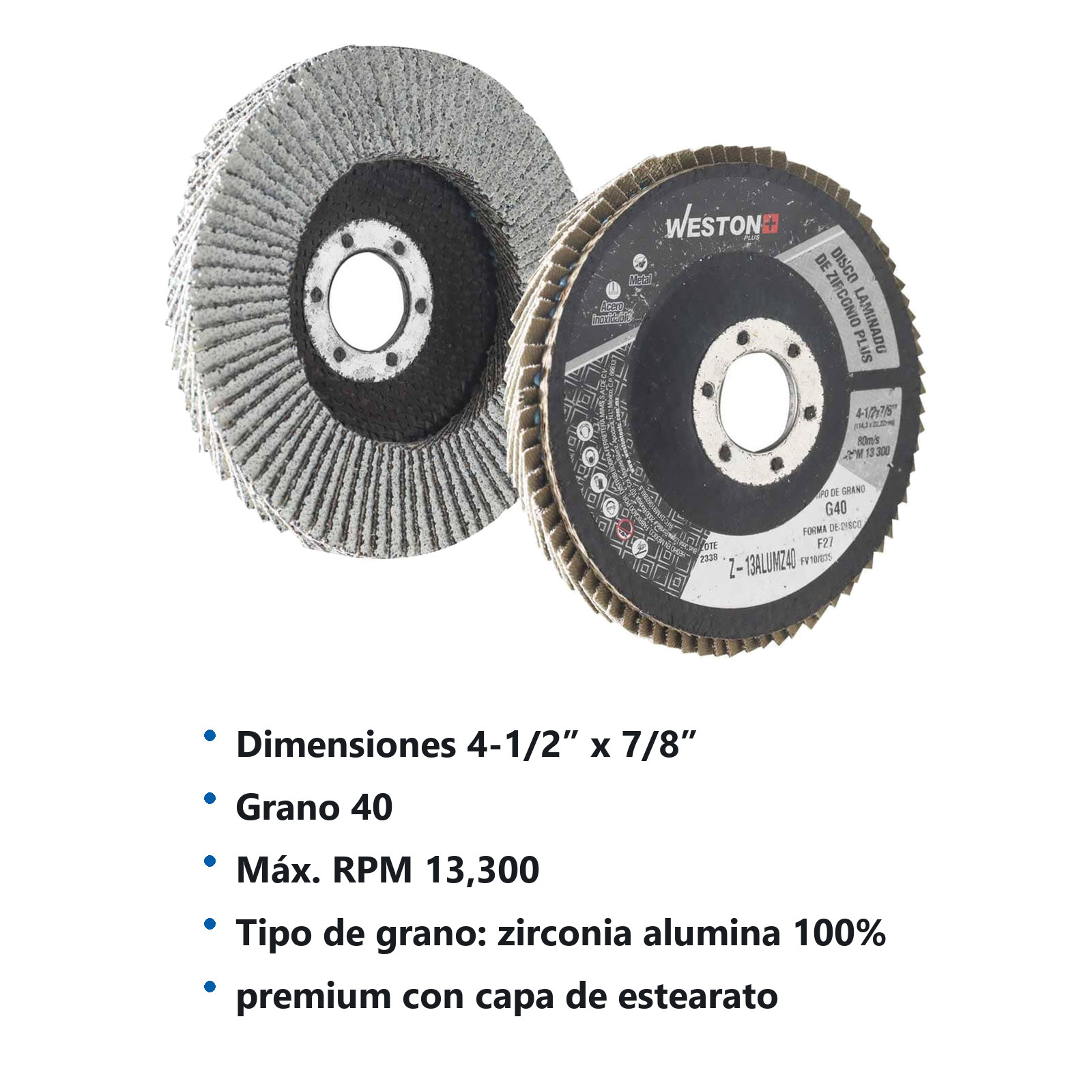 DISCO LAMINADO ZIRCONIA P/ALUMINIO C/RESPALDO D/FIBRA D/VIDRIO 4-1/2'' G40 T27 - Imagen 3