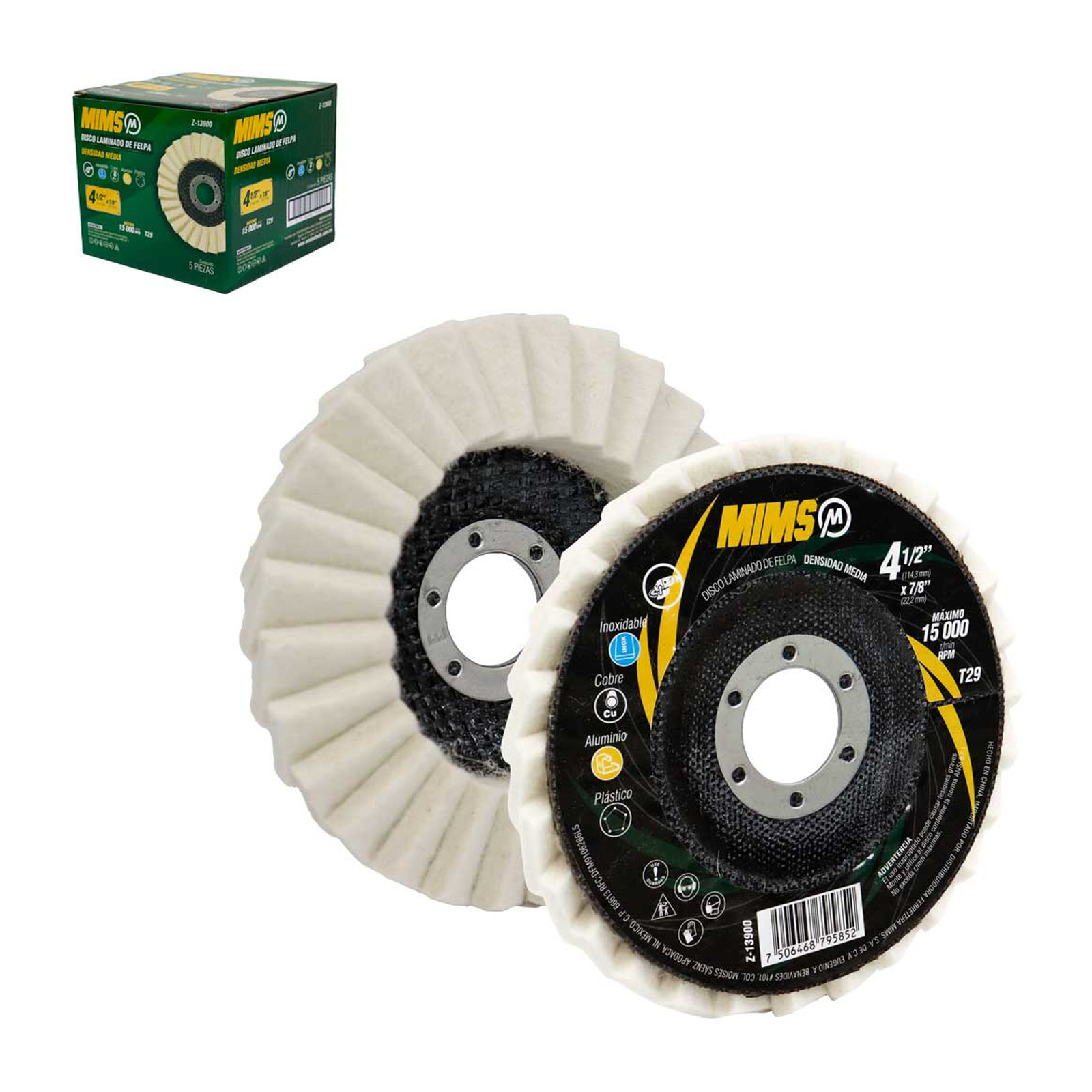 DISCO LAMINADO DE FELPA DE 4-1/2” X 7/8” T29 MIMS (Precio x pieza - Empaque c/5 pzas)