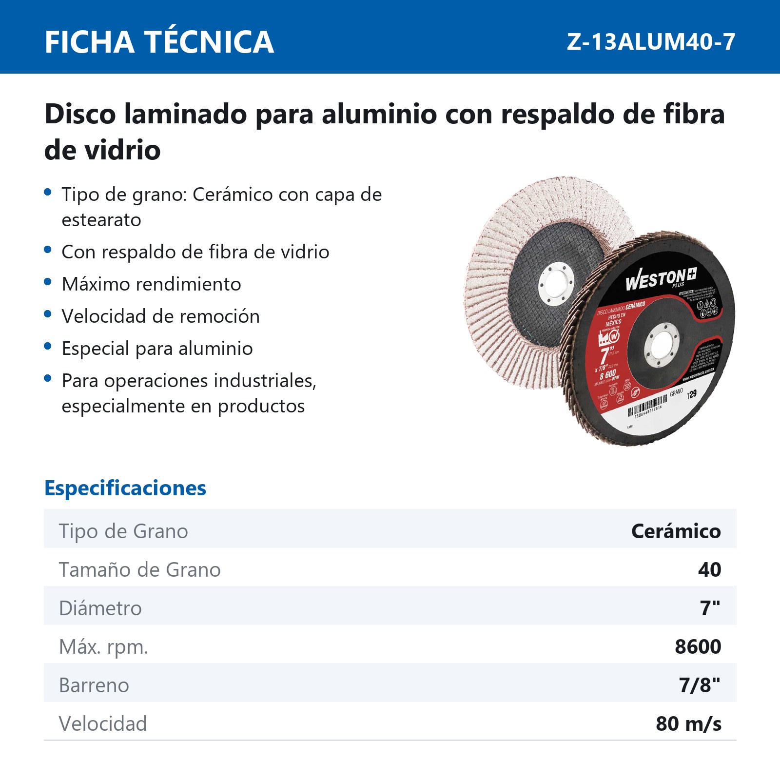 DISCO LAMINADO CERAMICO P/ALUMINIO C/RESPALDO D/FIBRA D/VIDRIO 7' G40 F29 - Imagen 4