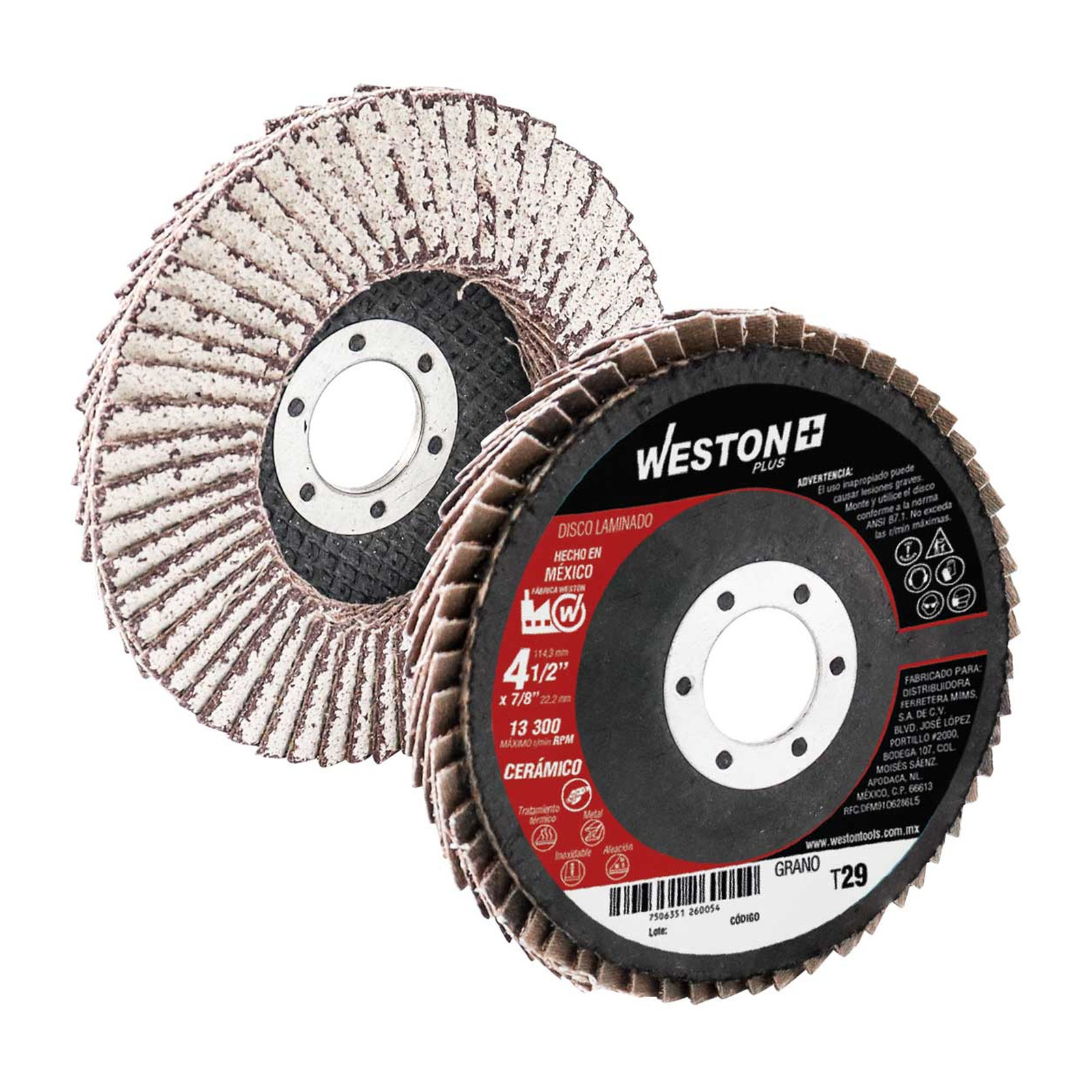 Disco Laminado Cerámico para Aluminio con Respaldo de Fibra de Vidrio 4-1/2" Grano 40 F29 Weston Plus (Paquete de 10)