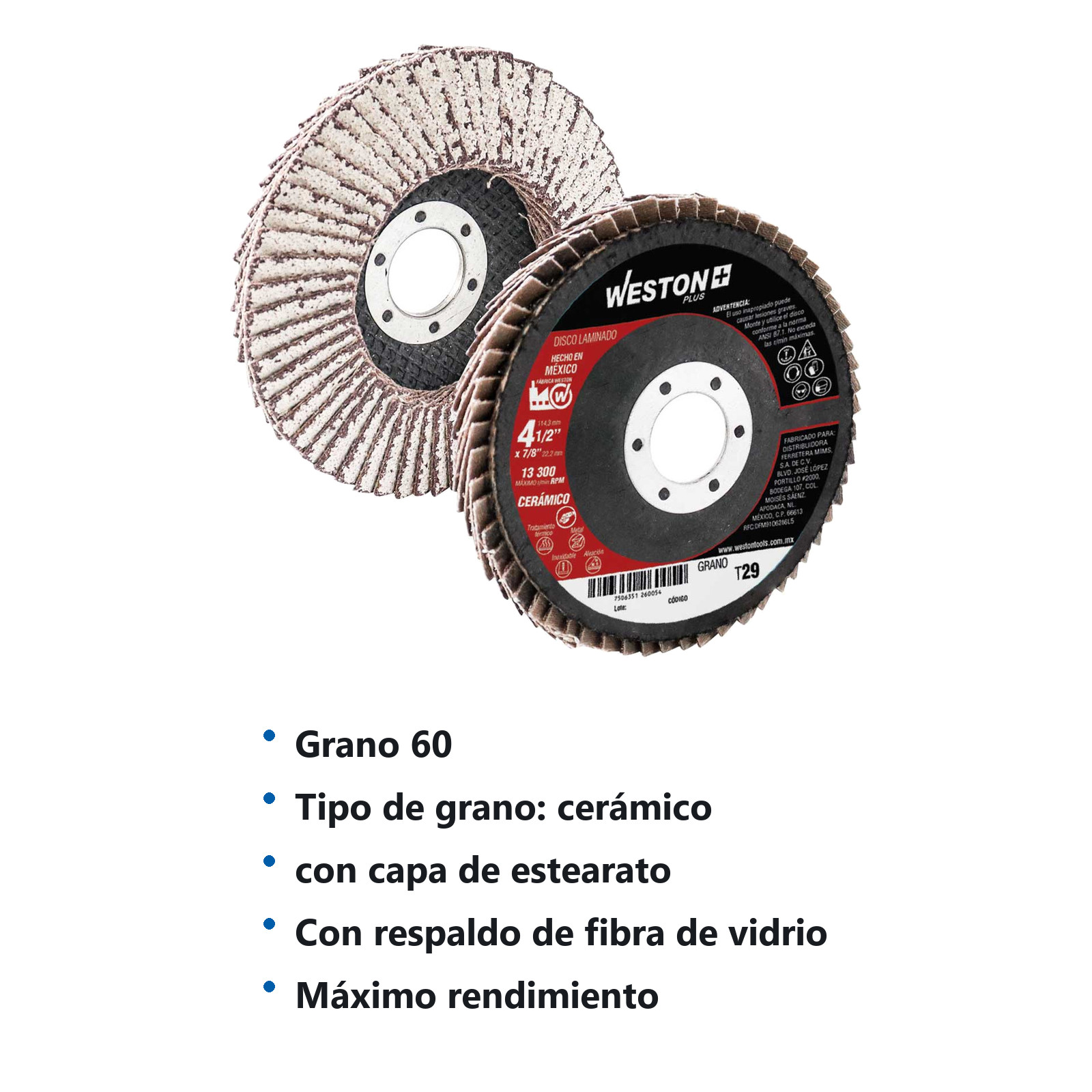 DISCO LAMINADO CERAMICO P/ALUMINIO C/RESPALDO D/FIBRA D/VIDRIO 4-1/2'' G60 F29 - Imagen 4